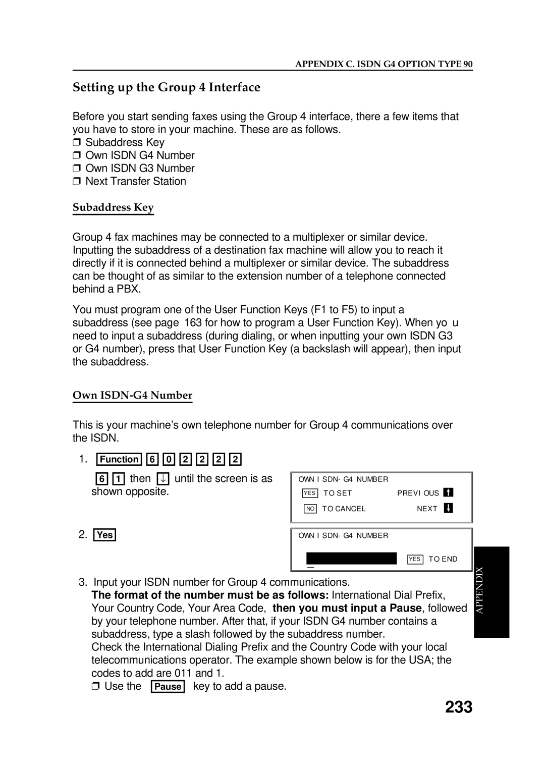 Ricoh FAX5600L manual 233, Setting up the Group 4 Interface, Subaddress Key, Own ISDN-G4 Number 