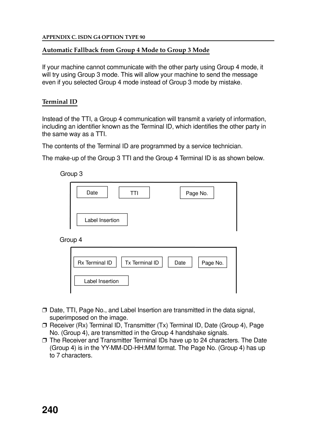 Ricoh FAX5600L manual 240, Automatic Fallback from Group 4 Mode to Group 3 Mode, Terminal ID 