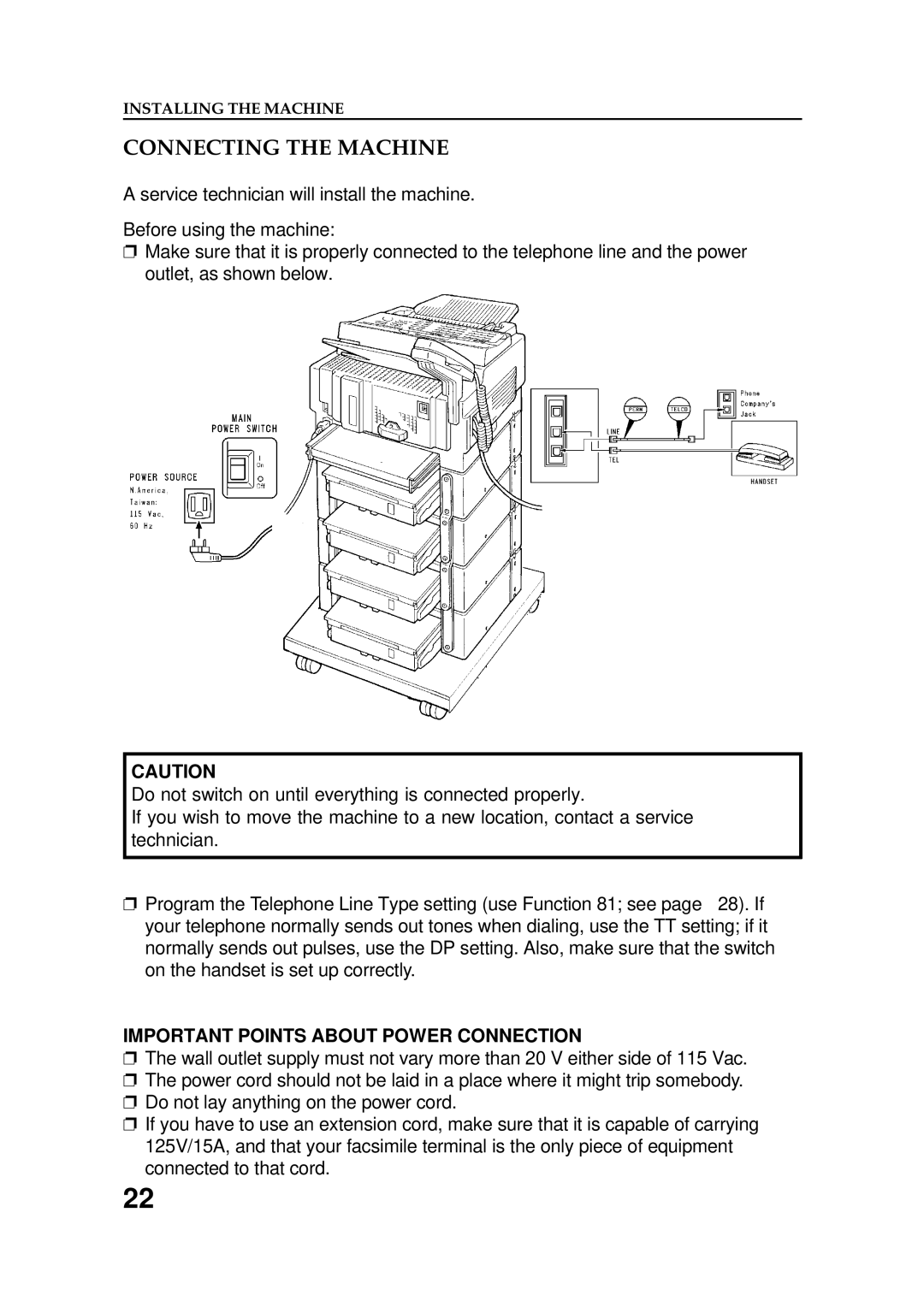 Ricoh FAX5600L manual Connecting the Machine, Important Points about Power Connection 