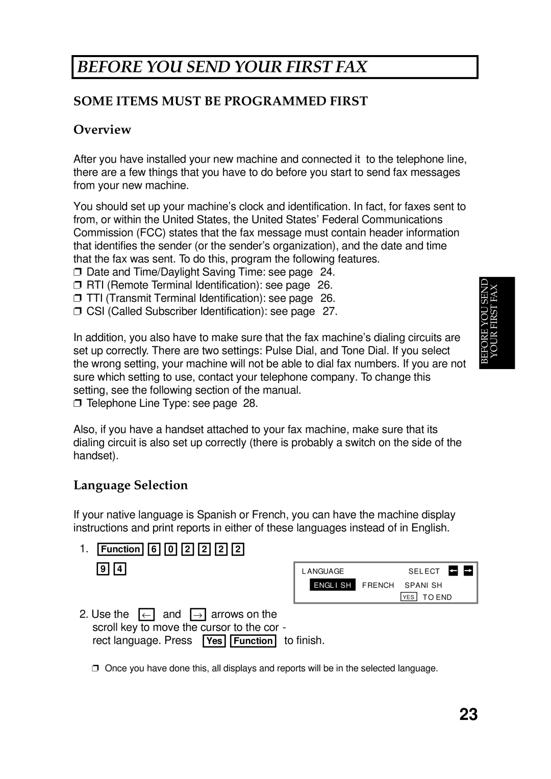 Ricoh FAX5600L manual Some Items Must be Programmed First, Overview, Language Selection, Use Arrows on Scroll key 