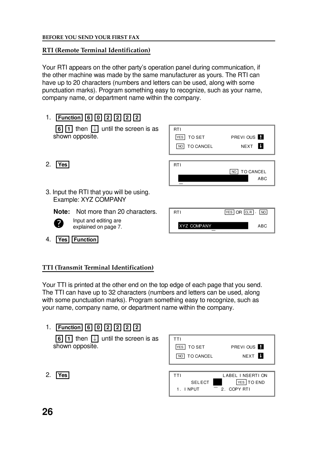 Ricoh FAX5600L manual RTI Remote Terminal Identification, Input the RTI that you will be using Example XYZ Company 