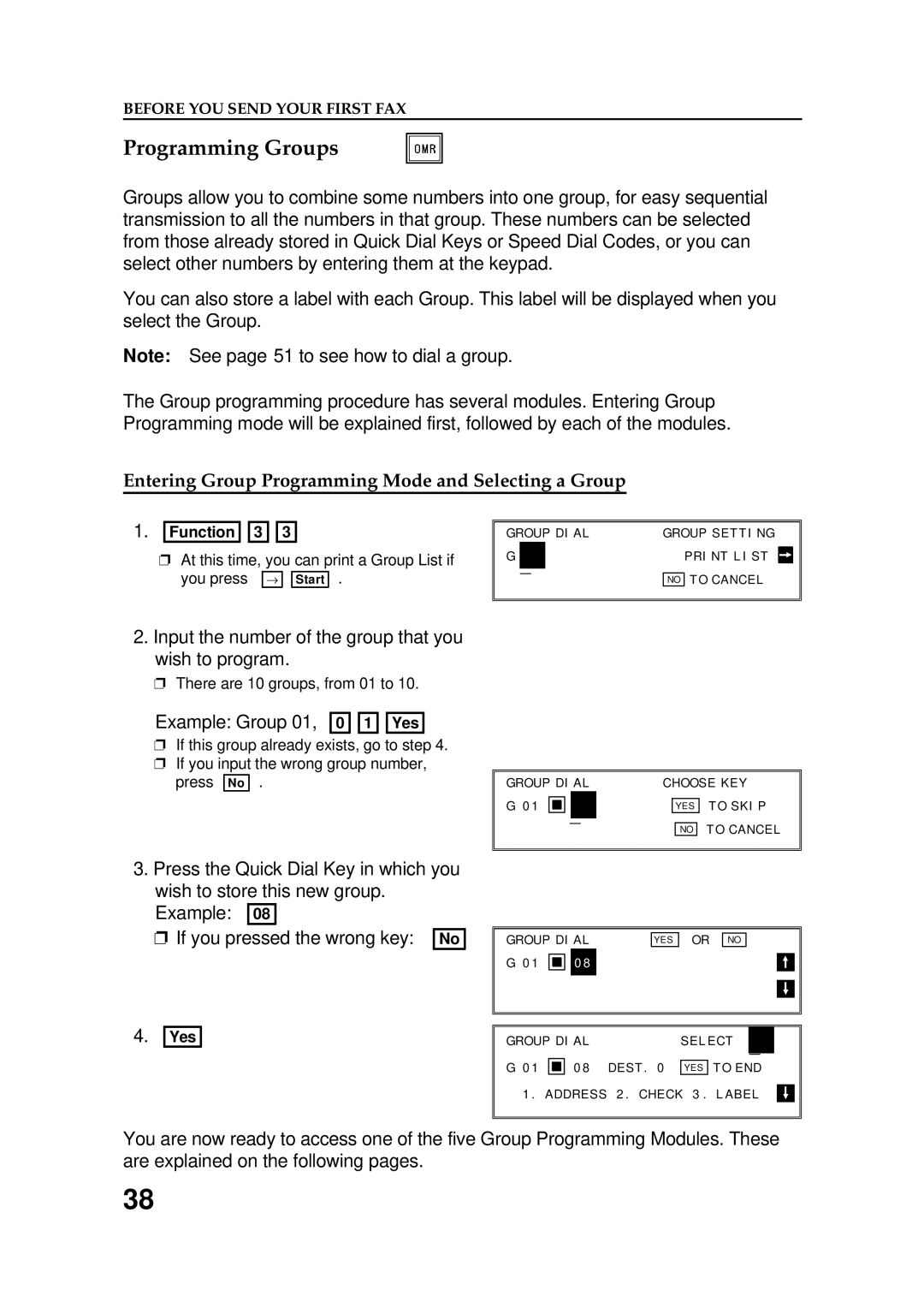 Ricoh FAX5600L manual Programming Groups, Entering Group Programming Mode and Selecting a Group, Example Group 01, 0 1 Yes 