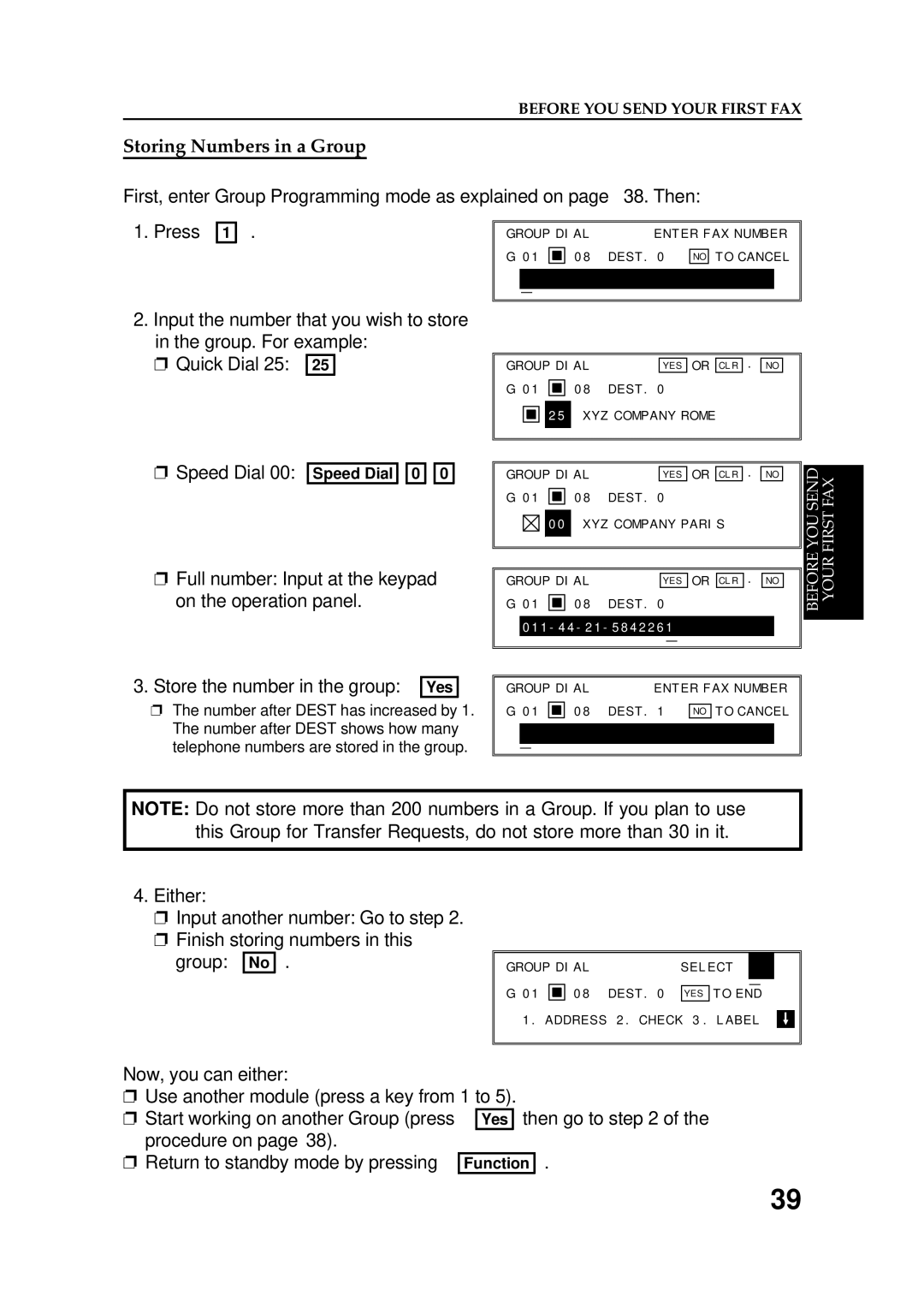 Ricoh FAX5600L manual Storing Numbers in a Group, Then go to, Procedure on Return to standby mode by pressing 