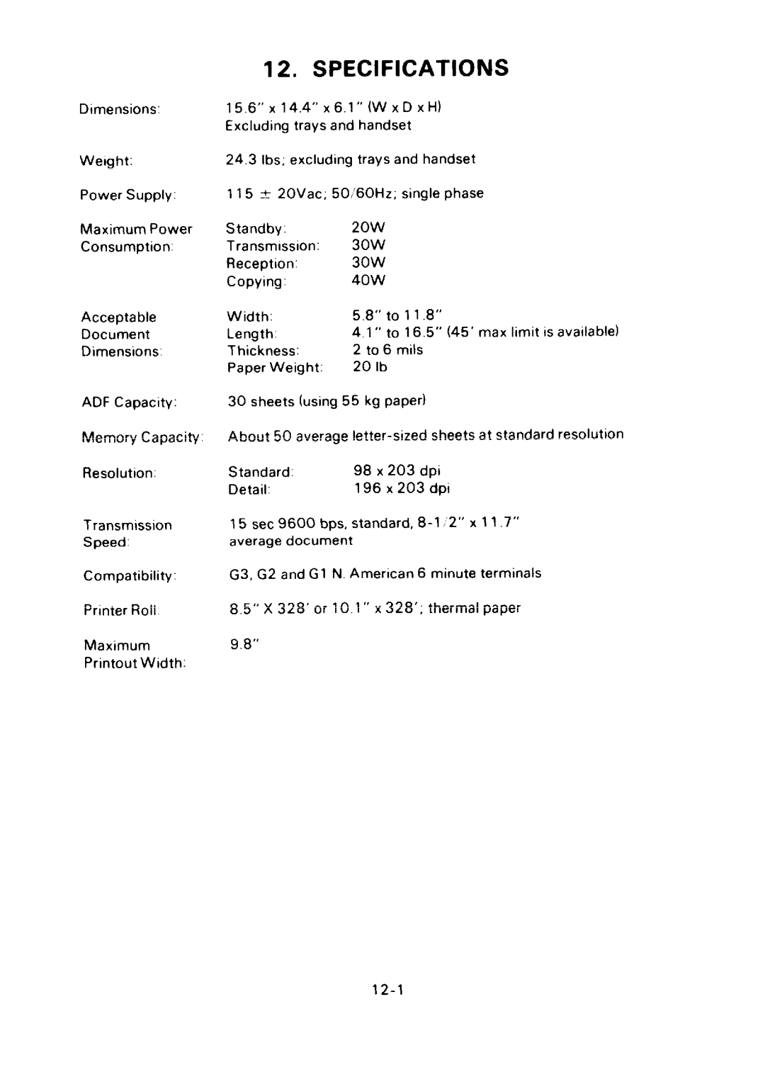 Ricoh FAX75 manual Specifications 