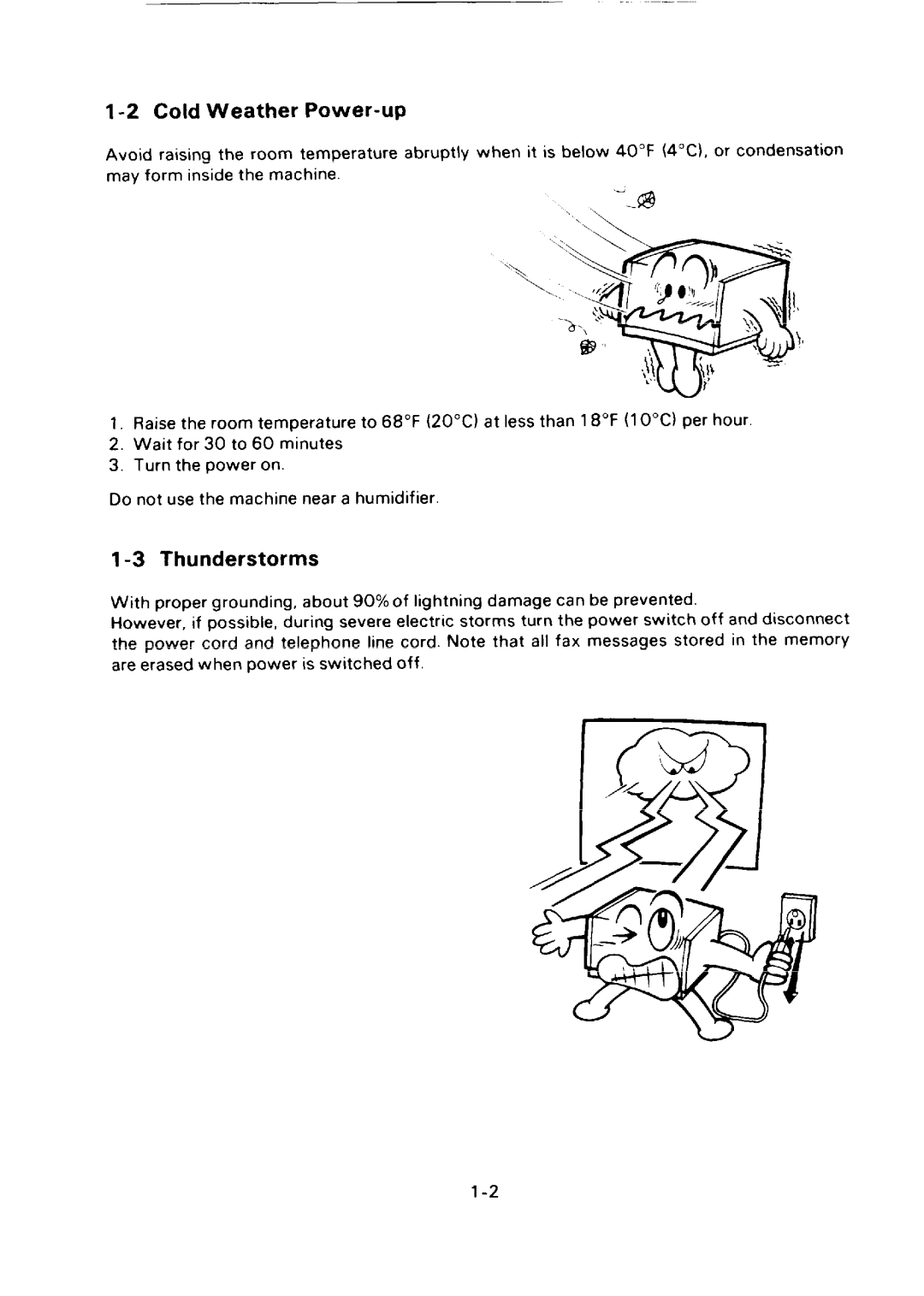 Ricoh FAX75 manual Cold Weather Power-up, 3Thunderstorms 