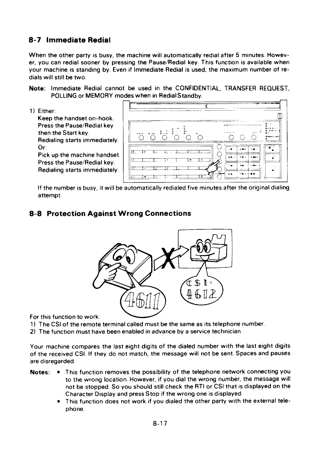 Ricoh FAX75 manual Immediate Redial, Protection Against Wrong Connections 