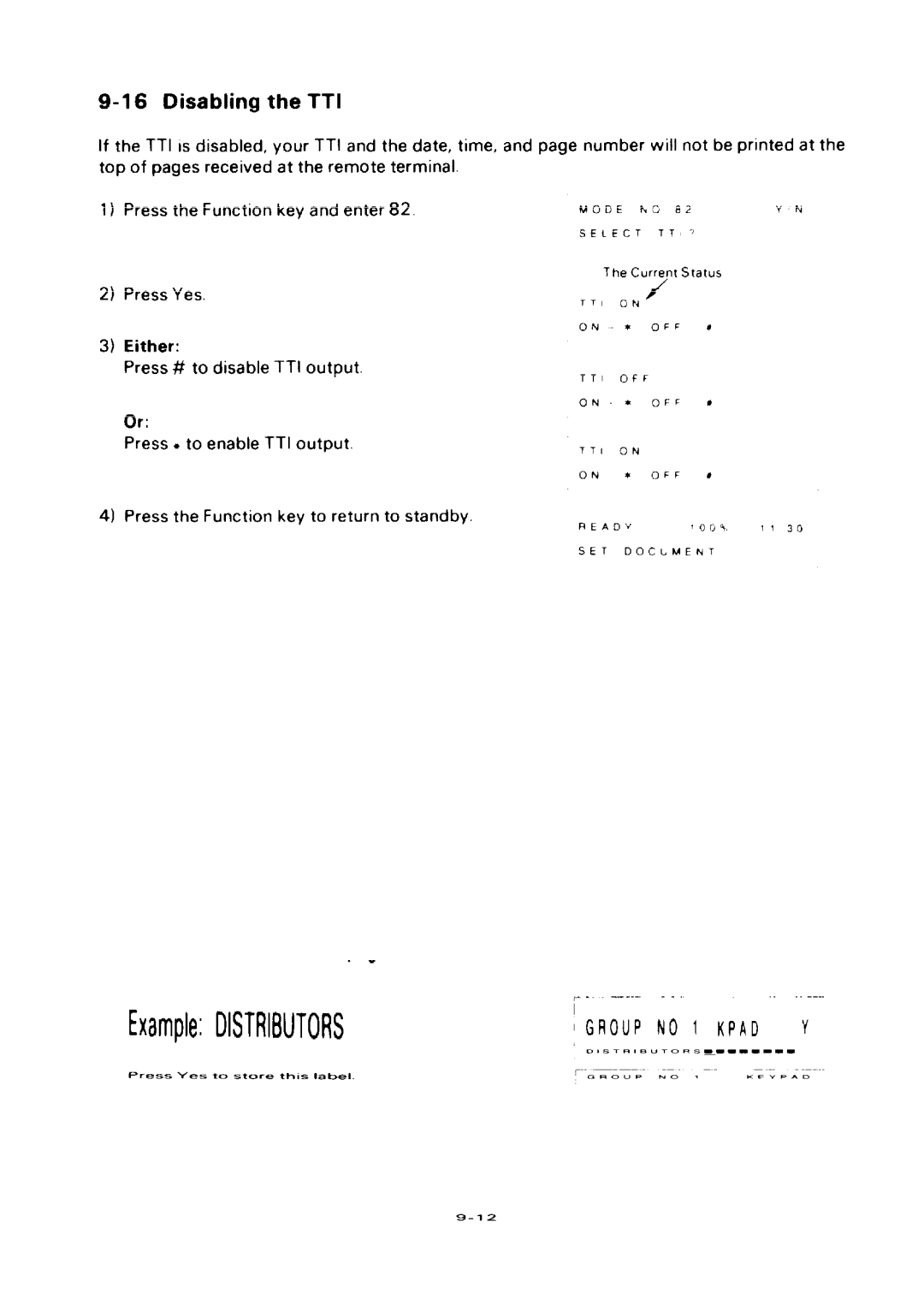 Ricoh FAX75 manual Disabling the TTI, Mode Select TTI, Tti Off 