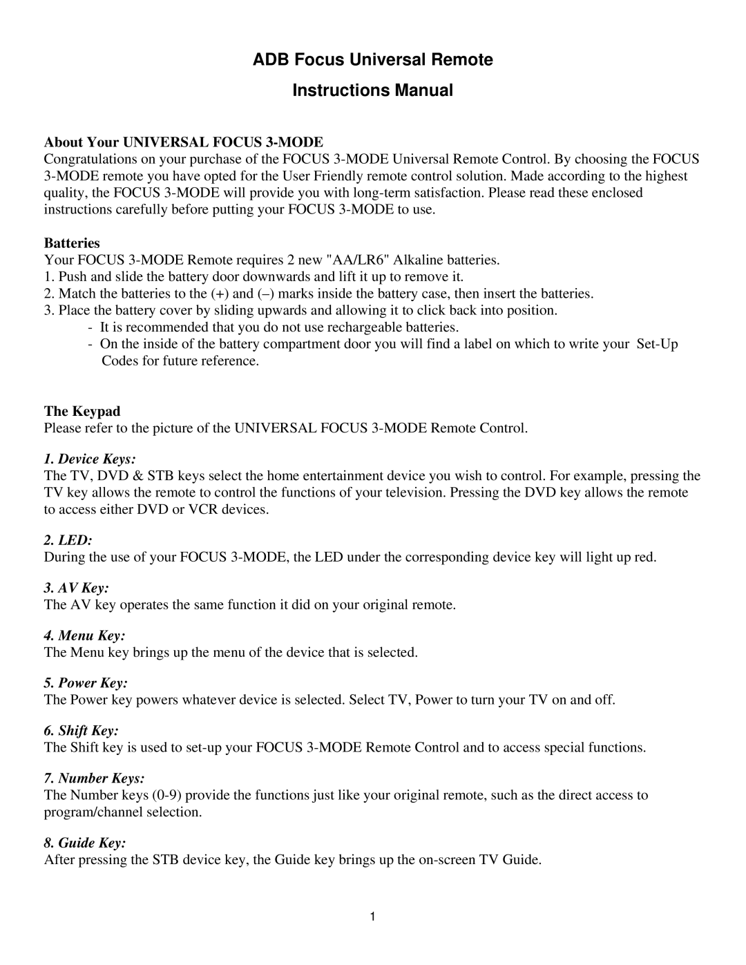 Ricoh FOCUS 3-MODE manual ADB Focus Universal Remote Instructions Manual 