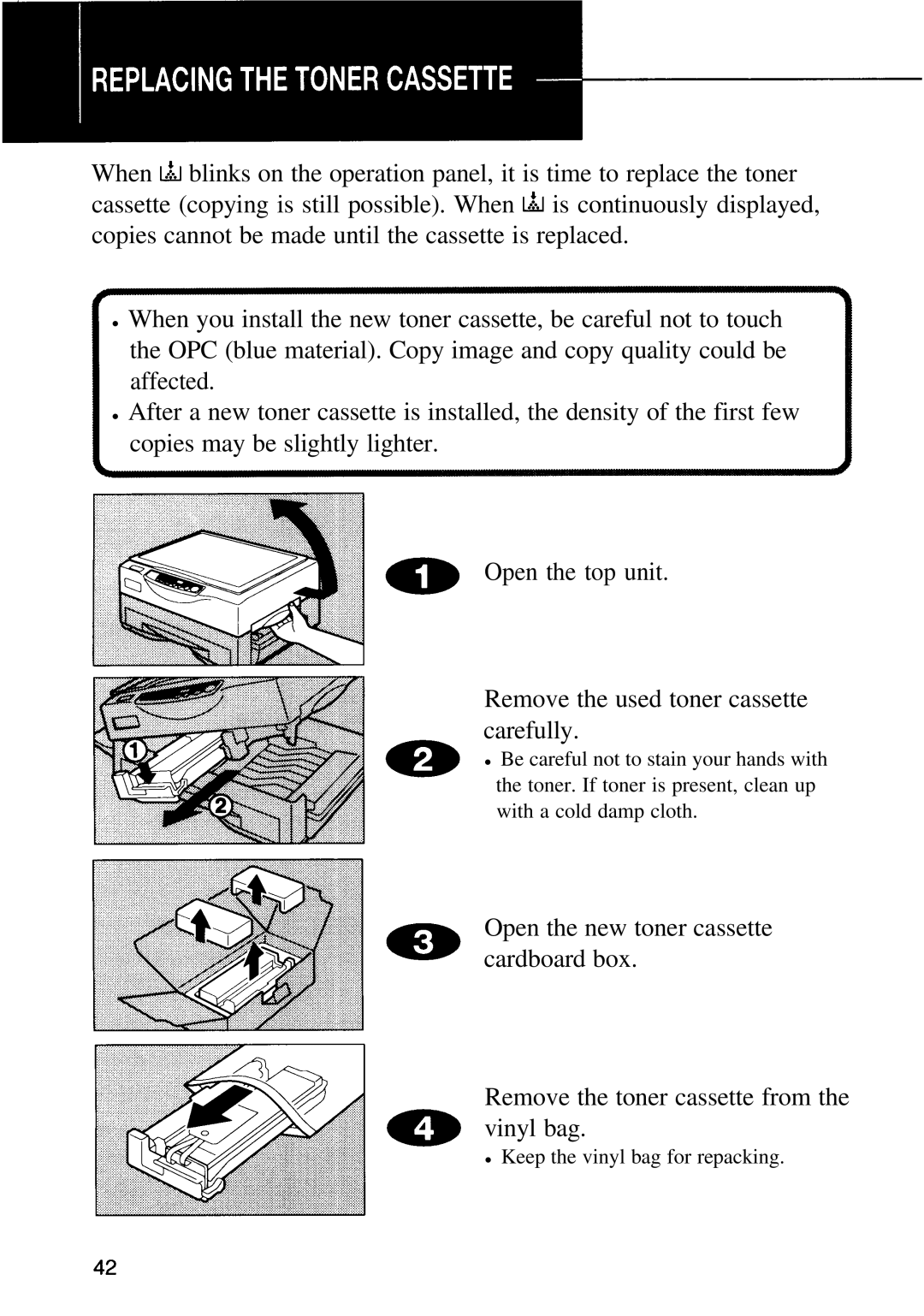 Ricoh 1008, FT1208 manual Keep the vinyl bag for repacking 