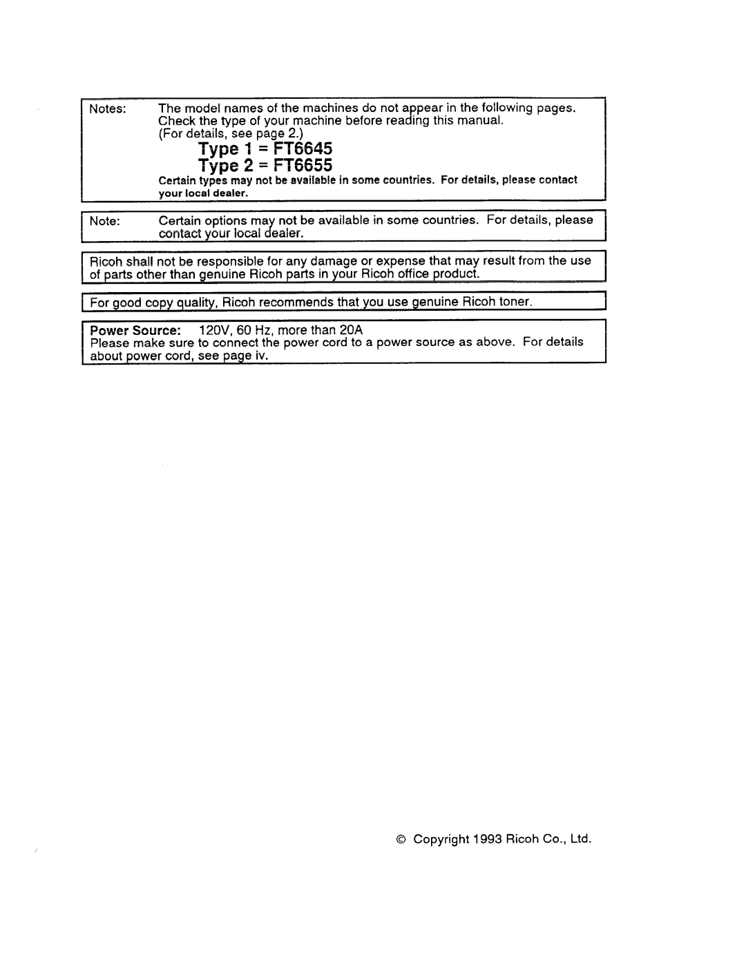 Ricoh manual Type 1 = FT6645 Type 2 = FT6655 