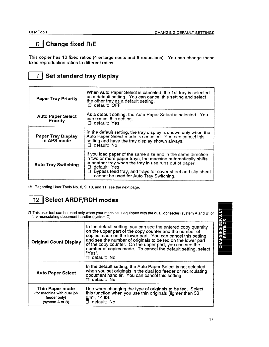 Ricoh FT6655, FT6645 manual ~ Change fixed R/E, Set standard, Tray display, Select ARDF/RDH modes 