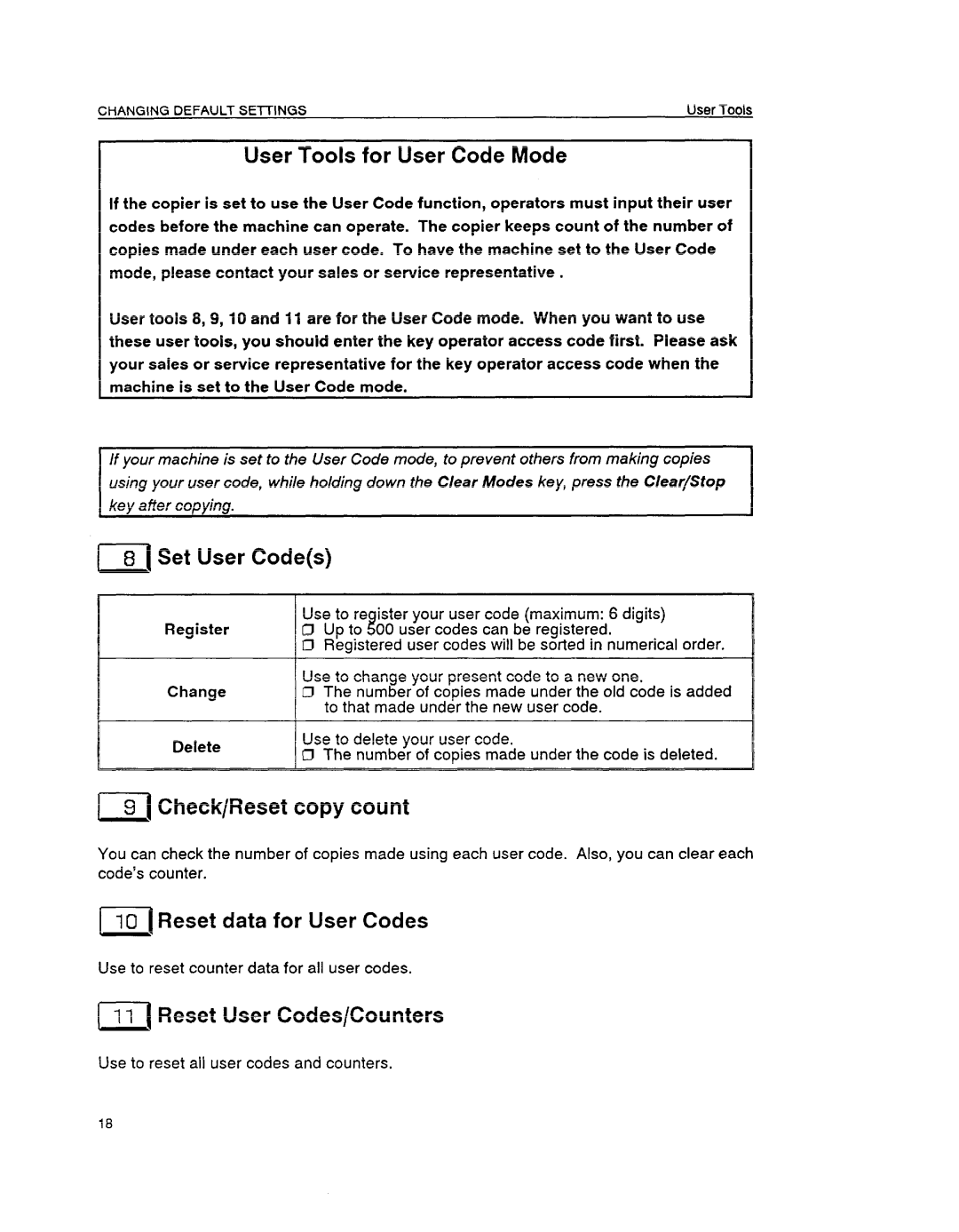 Ricoh FT6645 manual User Tools for User Code Mode, ~ Set User Codes, C1g Check/Reset copy count, ~Reset data for User Codes 