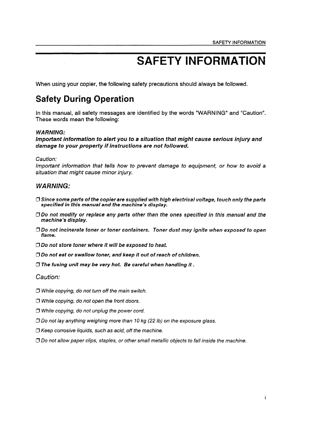 Ricoh FT6655, FT6645 manual Safety Information, Safety During Operation 