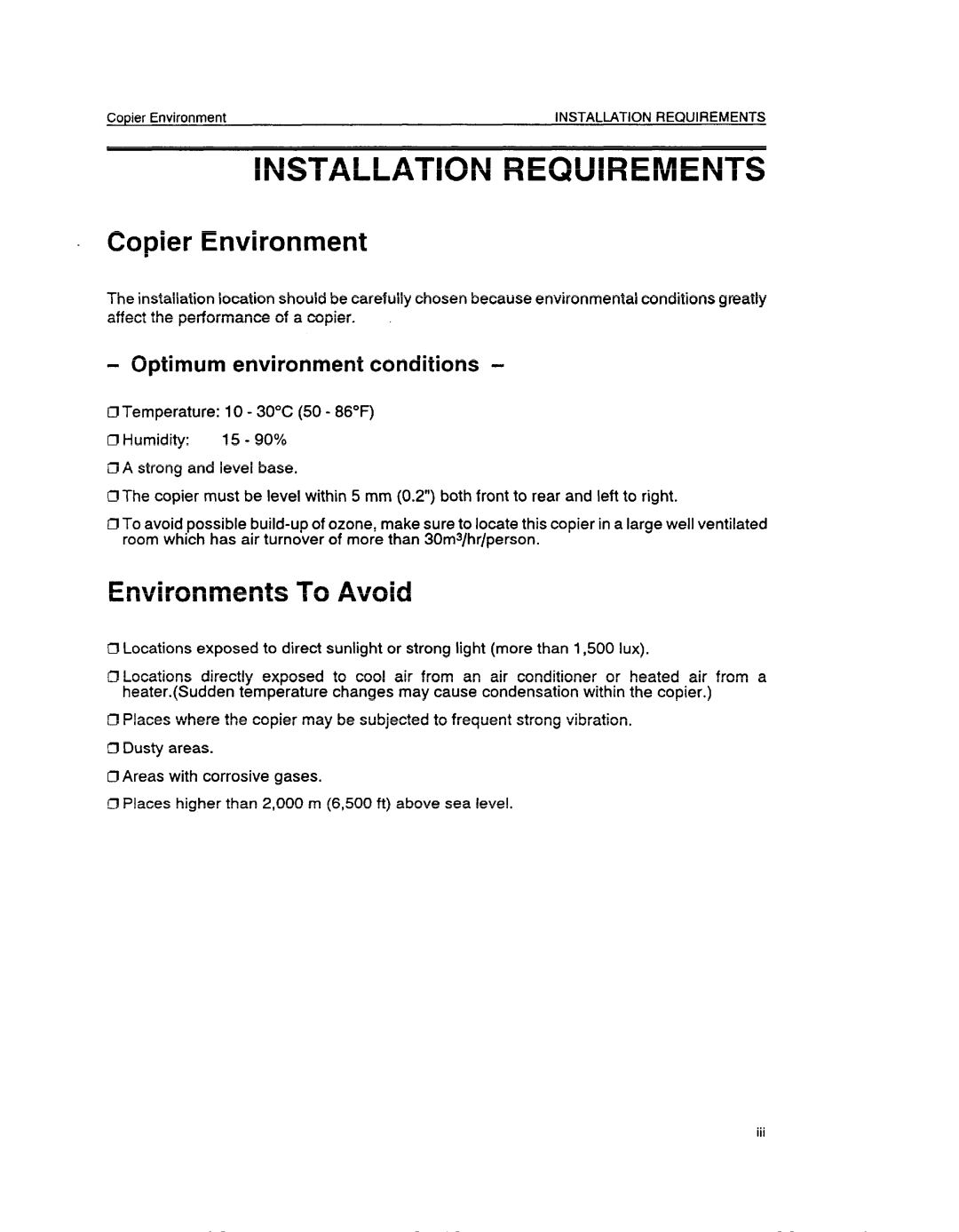 Ricoh FT6655, FT6645 Installation Requirements, Copier Environment, Environments To Avoid, Optimum environment conditions 