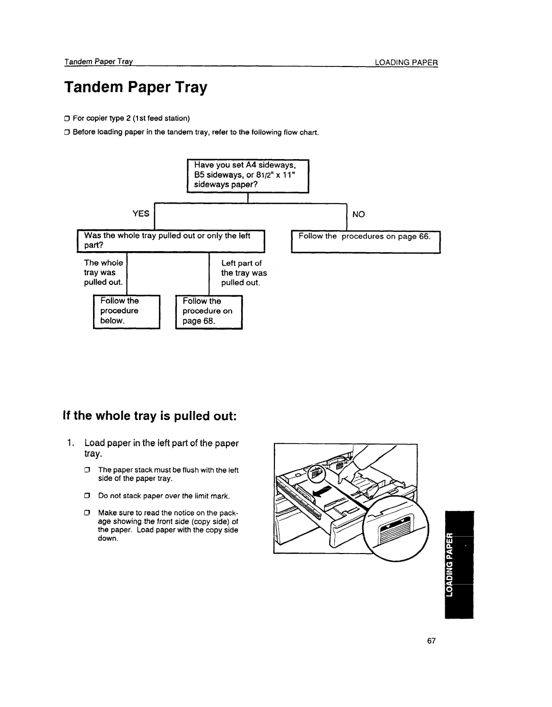 Ricoh FT6645 manual Tandem Paper Tray, If the whole tray is pulled out, Yes, Load paper in the left part of the paper tray 