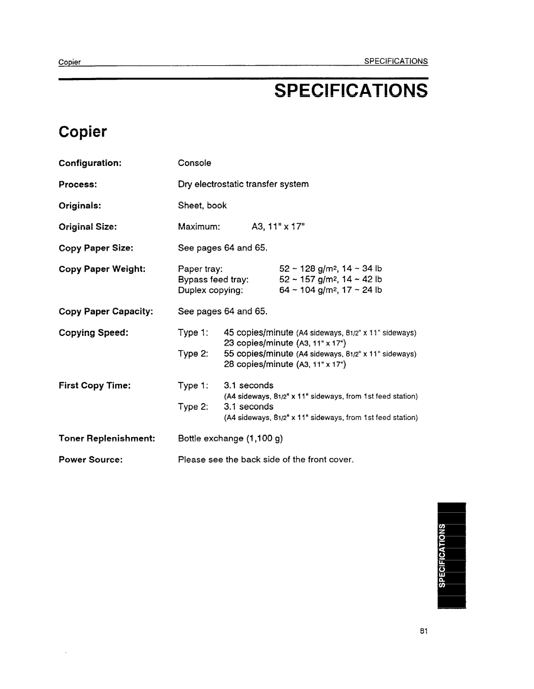 Ricoh FT6645, FT6655 manual Specifications, Feed tray 52-157, Duplex, 64-104, Type 2 3.1 seconds 