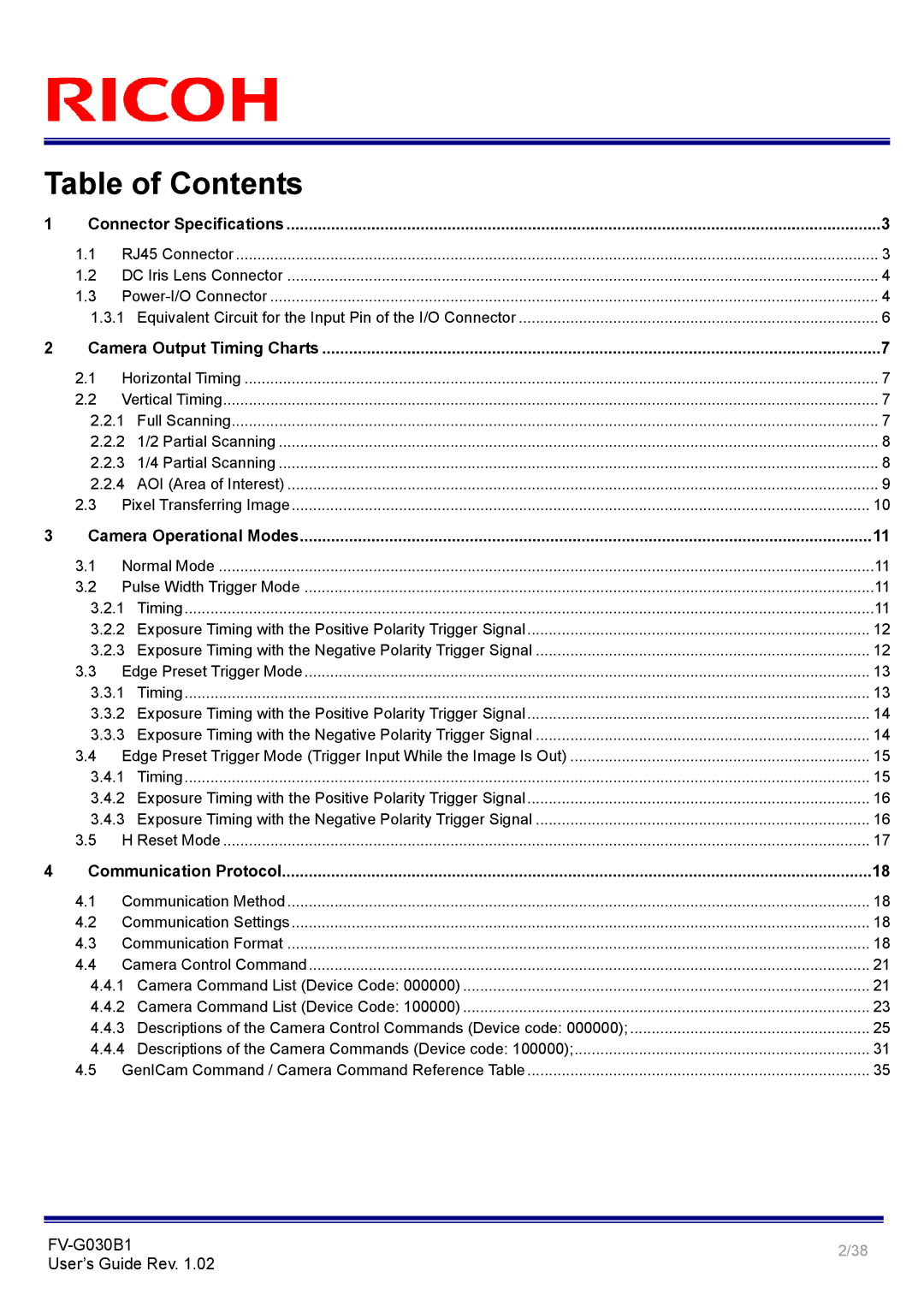 Ricoh FV-G030B1 manual Table of Contents 