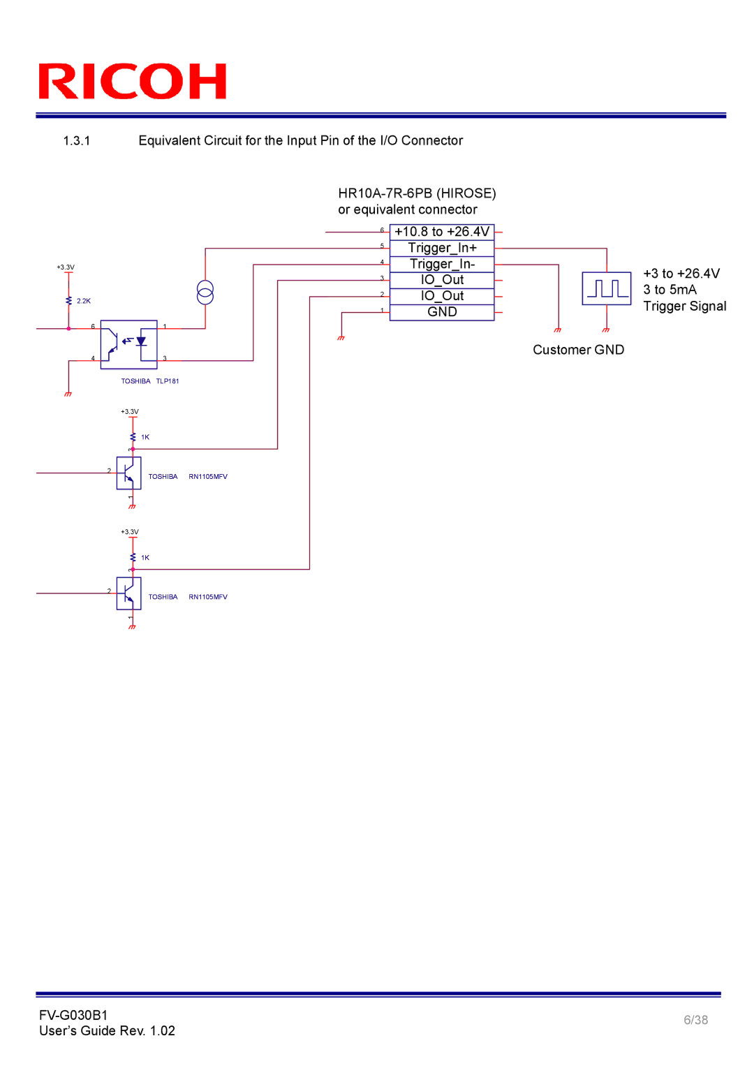 Ricoh FV-G030B1 Equivalent Circuit for the Input Pin of the I/O Connector, Or equivalent connector, TriggerIn+, IOOut 