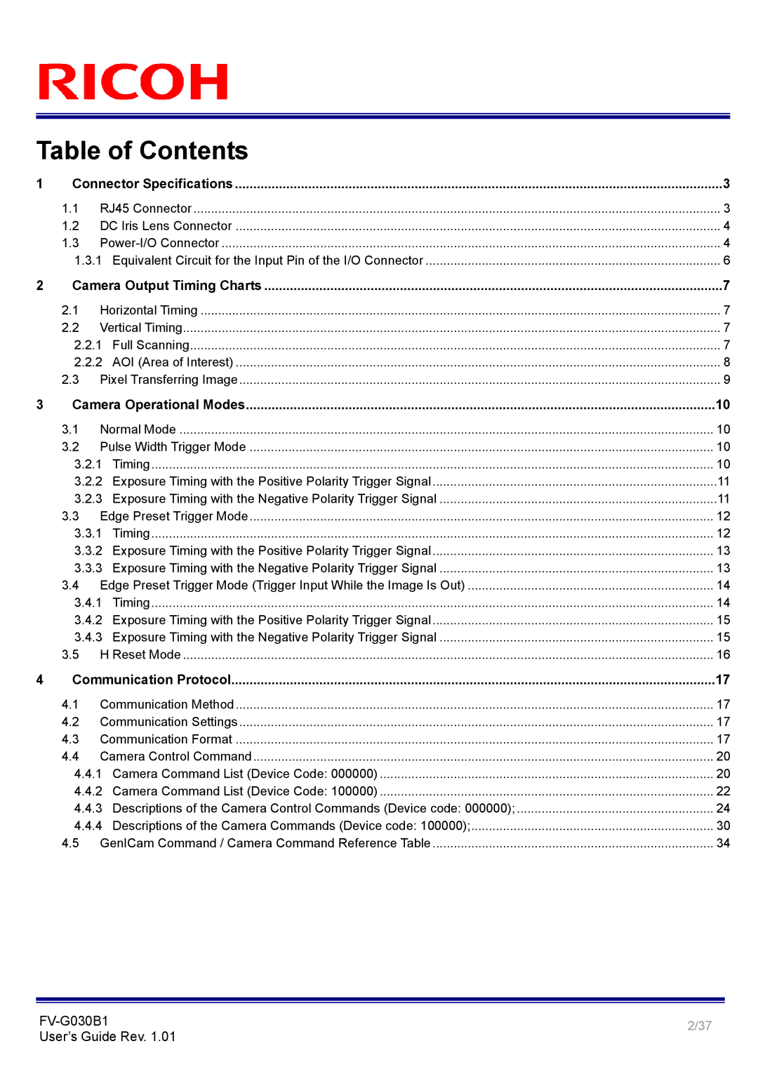 Ricoh FV-G030B1 manual Table of Contents 