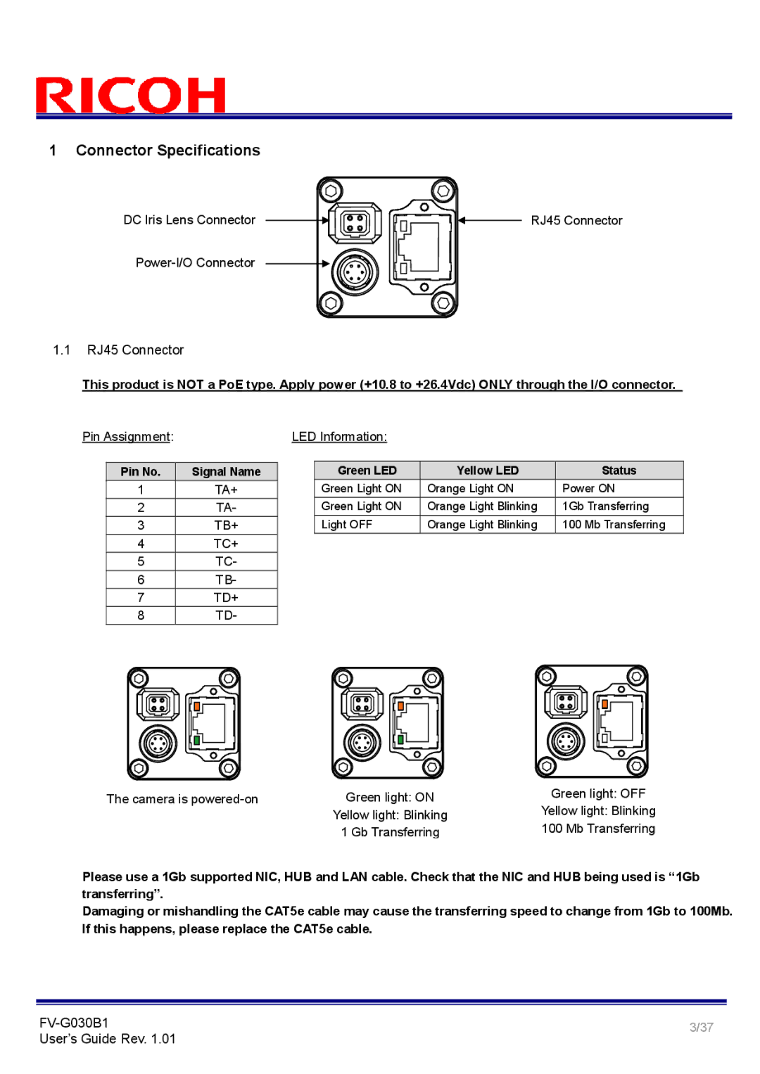 Ricoh FV-G030B1 manual Connector Specifications, RJ45 Connector 