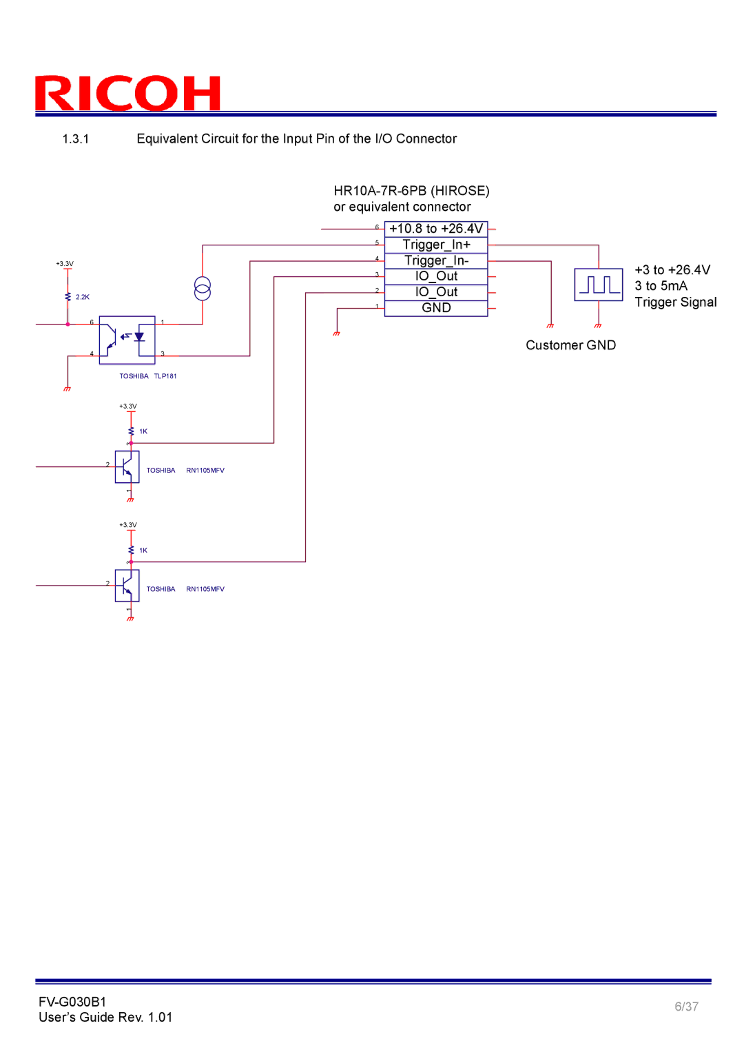 Ricoh FV-G030B1 Equivalent Circuit for the Input Pin of the I/O Connector, Or equivalent connector, TriggerIn+, IOOut 