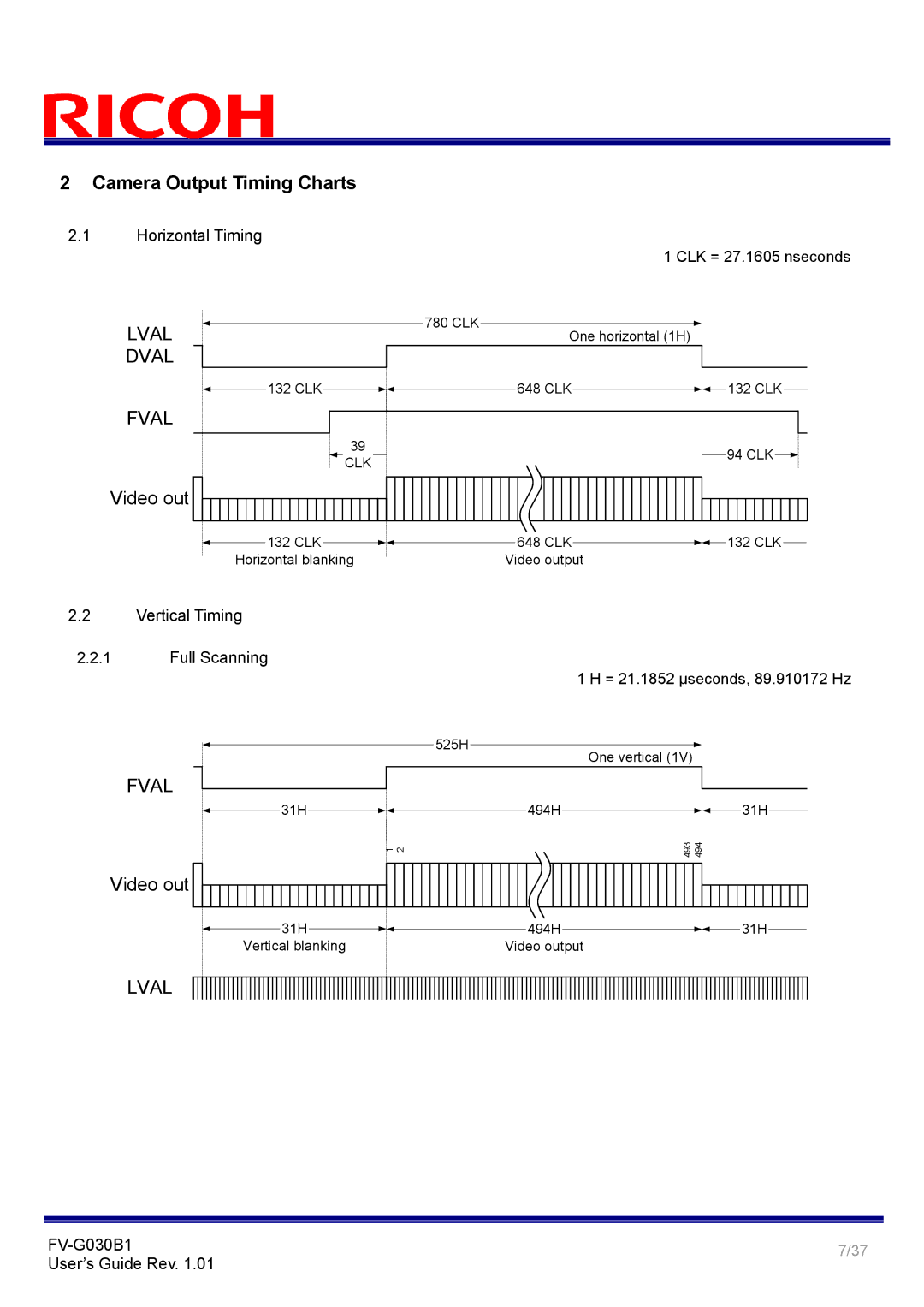 Ricoh FV-G030B1 manual Horizontal Timing, Vertical Timing Full Scanning 