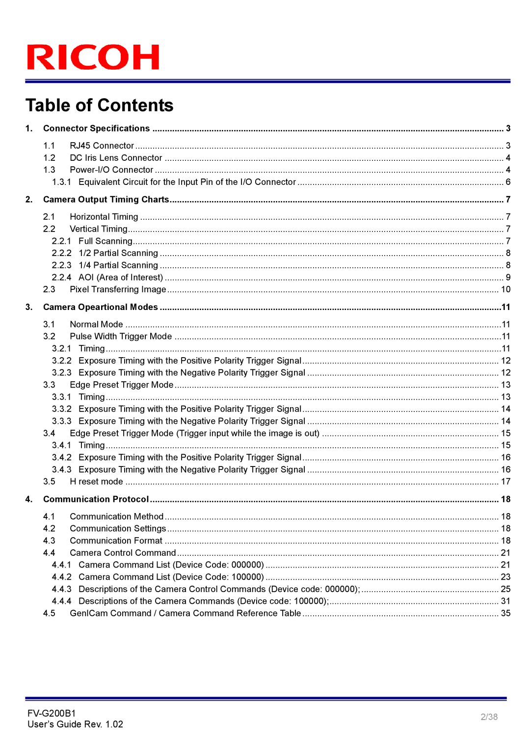 Ricoh FV-G200B1 manual Table of Contents 