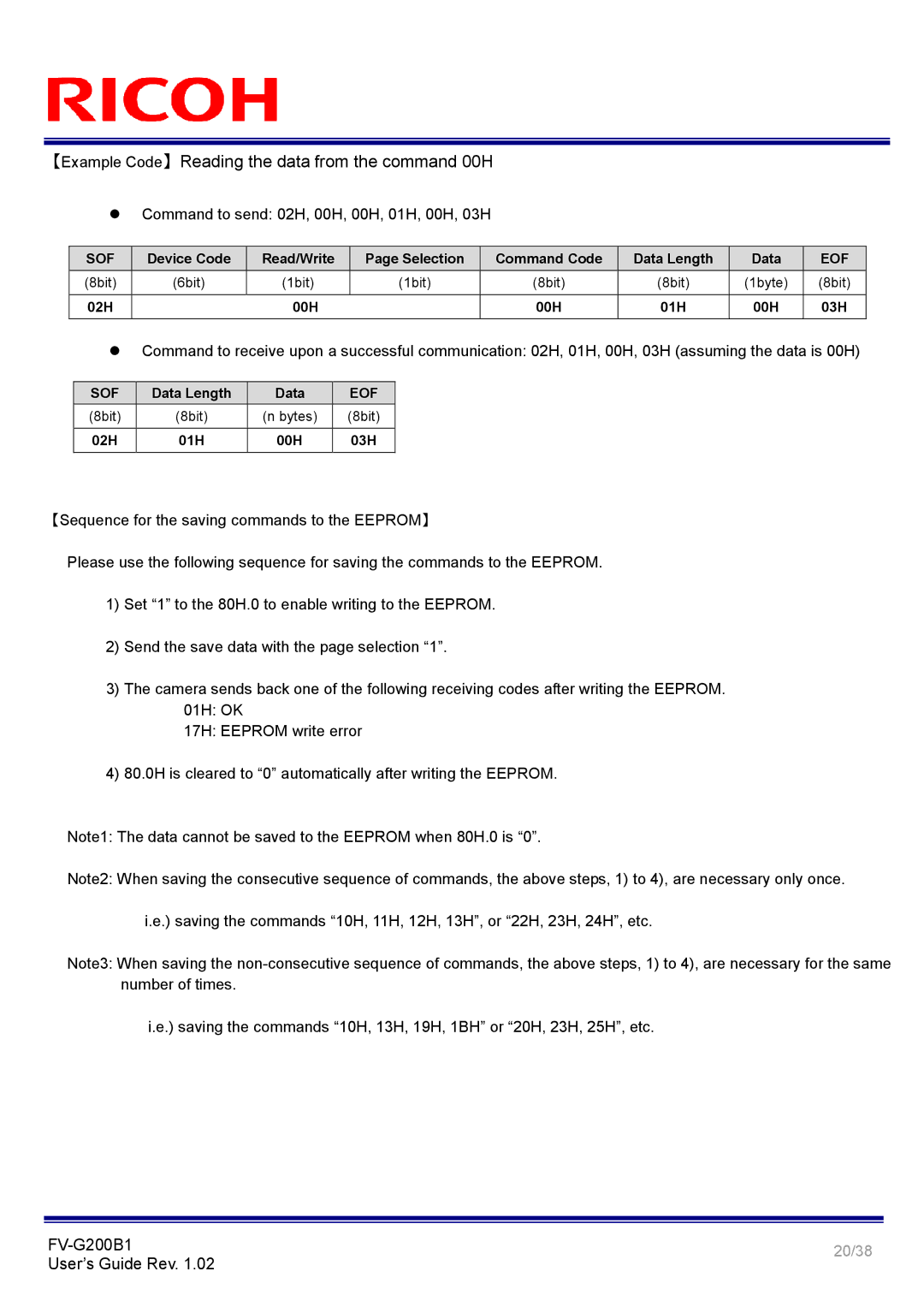 Ricoh FV-G200B1 manual 【Example Code】Reading the data from the command 00H 