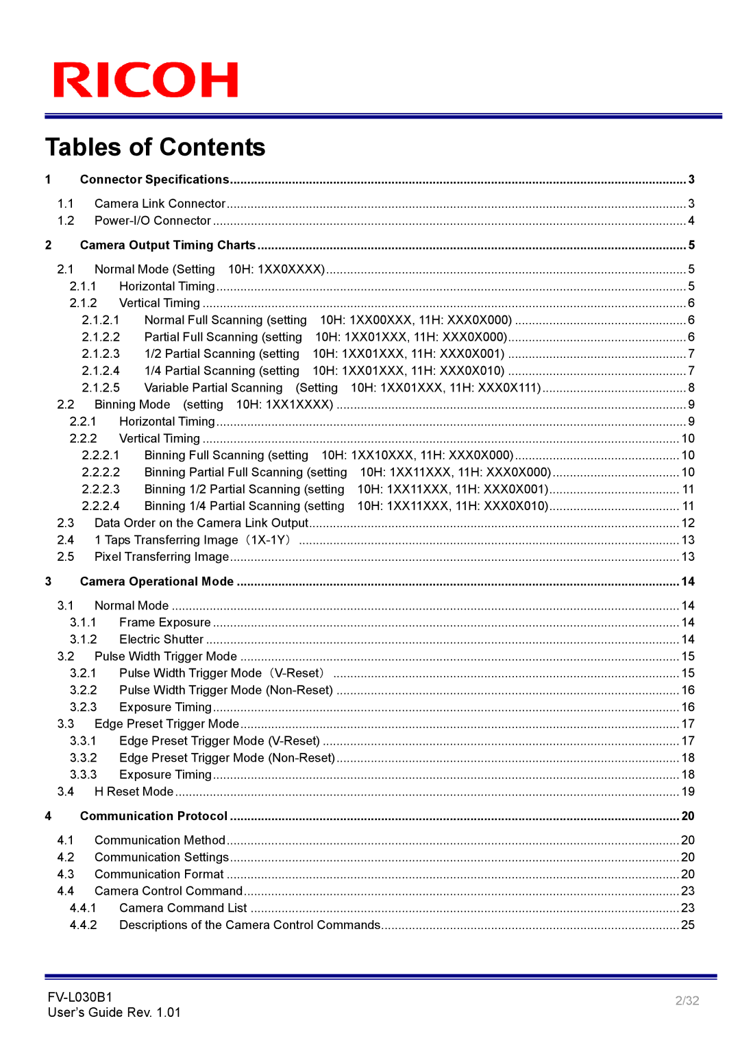 Ricoh FV-L030B1 manual Tables of Contents 