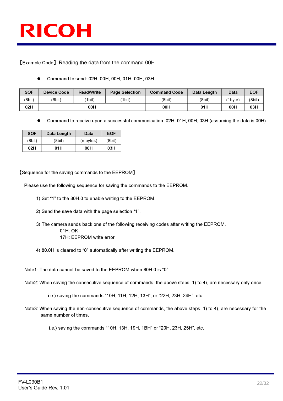 Ricoh FV-L030B1 manual 【Example Code】Reading the data from the command 00H 