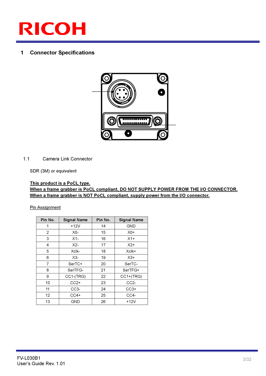 Ricoh FV-L030B1 manual Connector Specifications, Camera Link Connector 