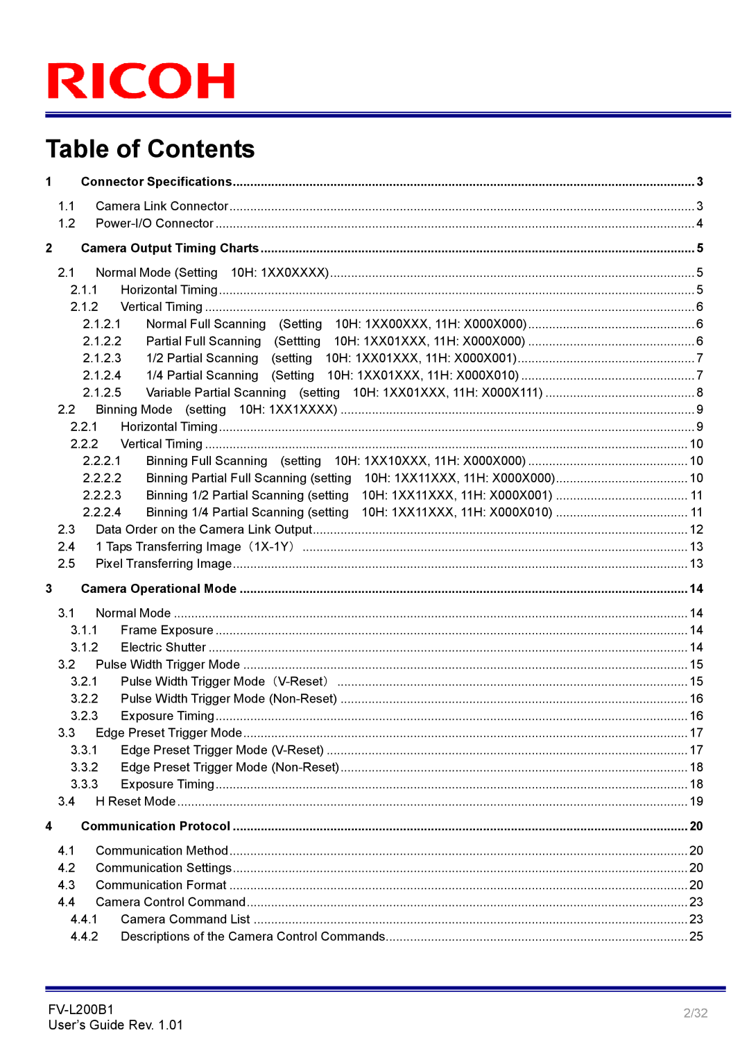 Ricoh FV-L200B1 manual Table of Contents 