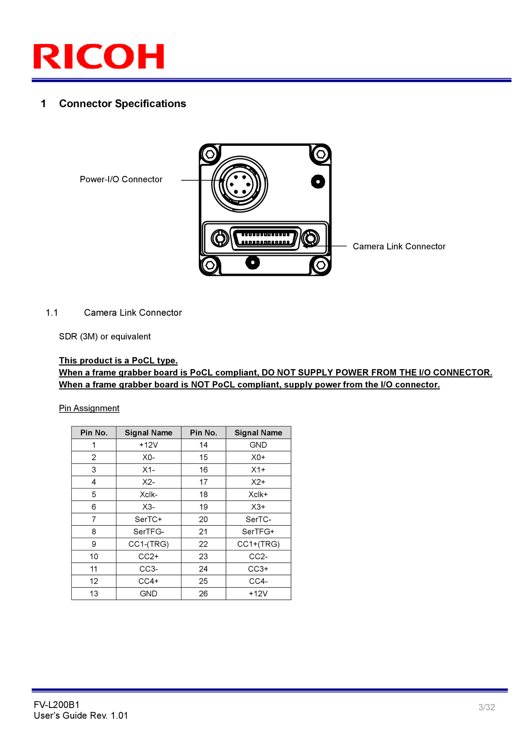 Ricoh FV-L200B1 manual Connector Specifications, Camera Link Connector 