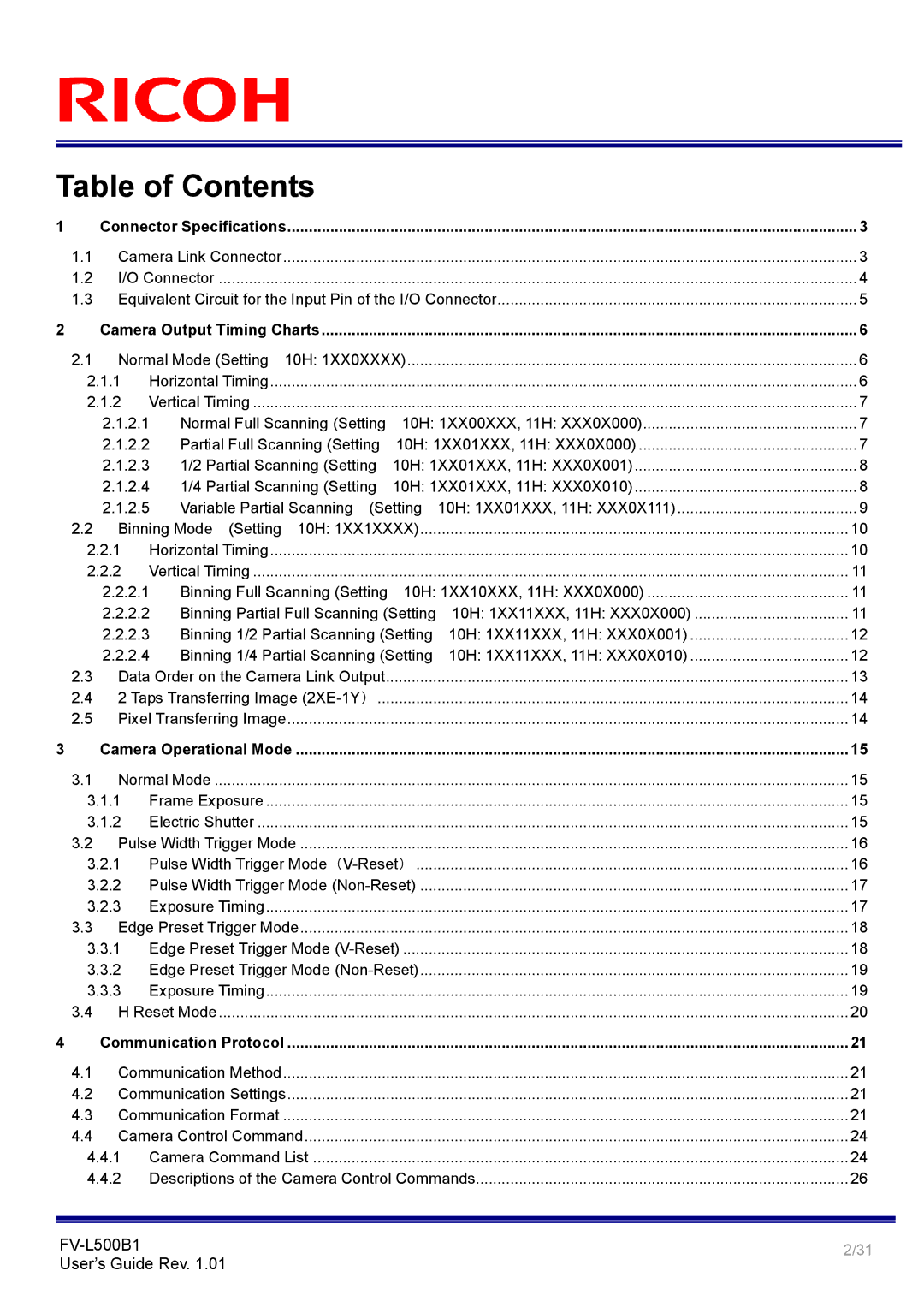 Ricoh FV-L500B1 manual Table of Contents 