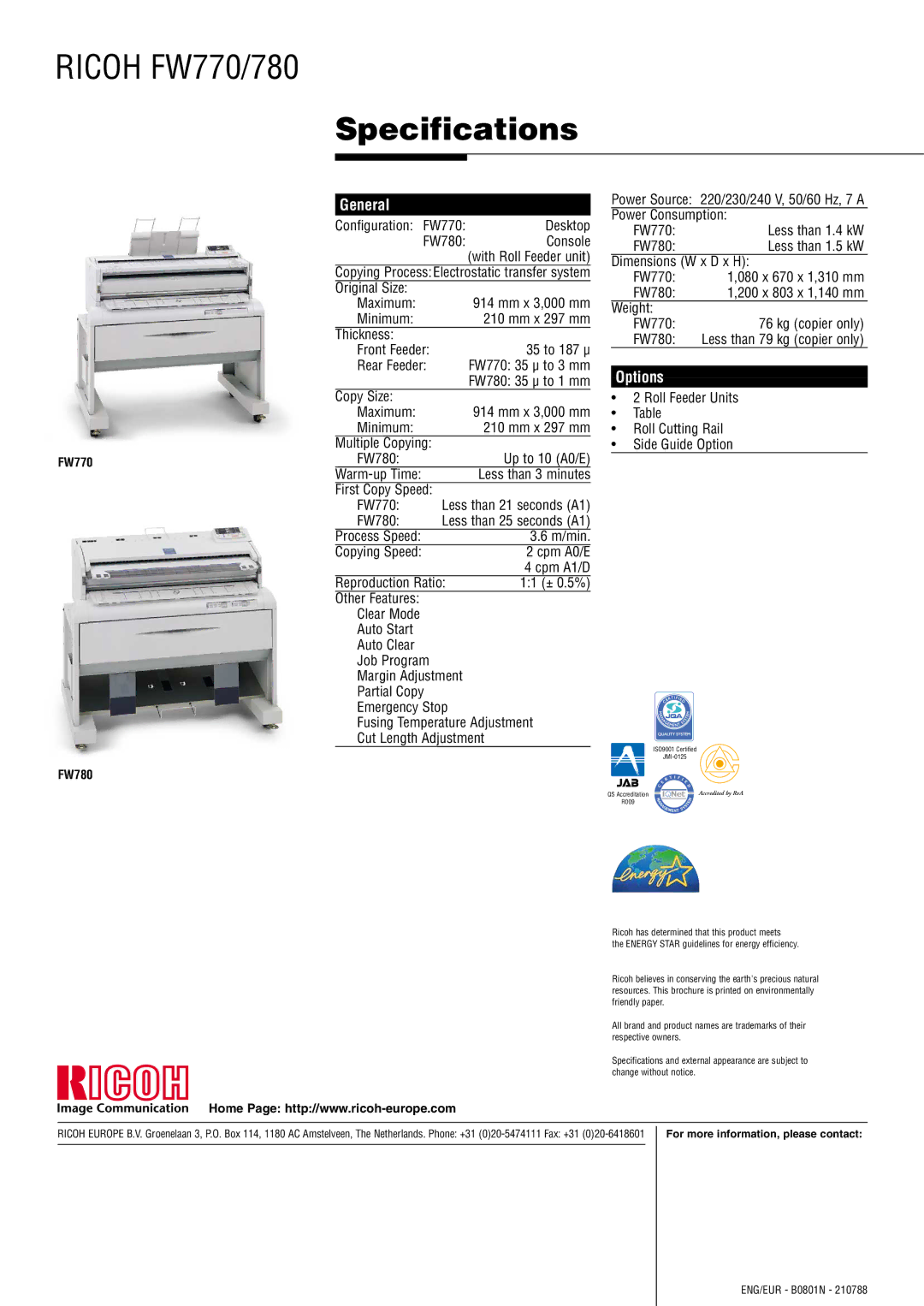 Ricoh manual Specifications, FW770 FW780 