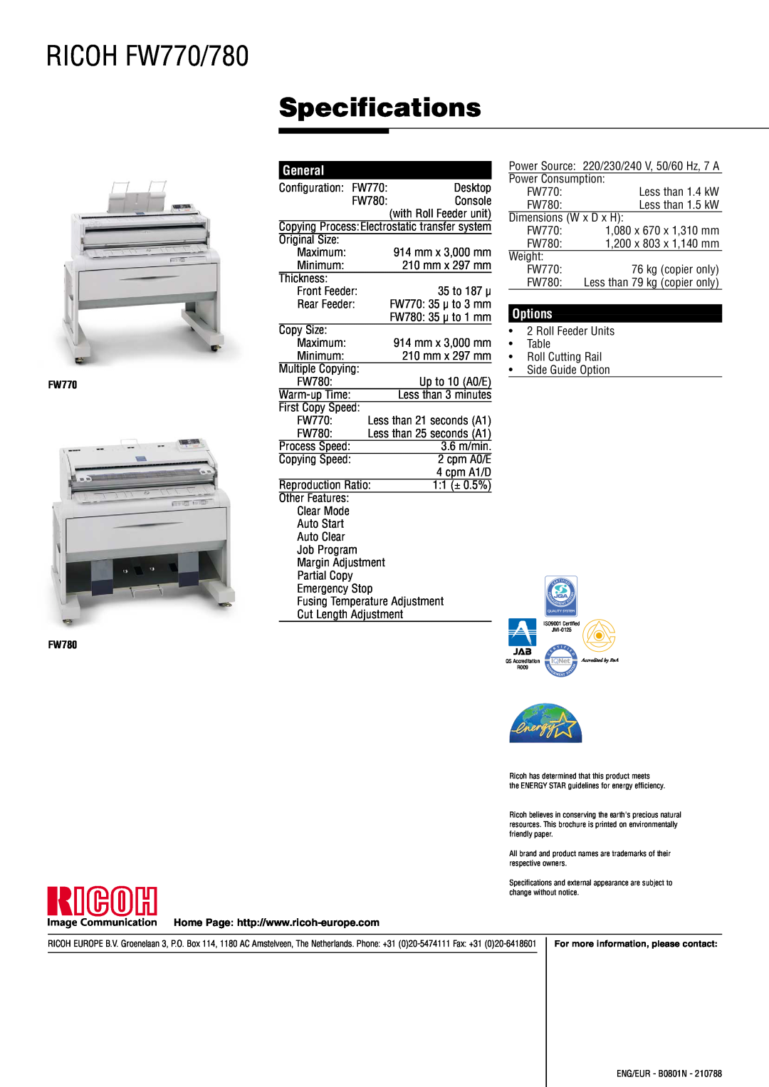 Ricoh FW780 manual Specifications, RICOH FW770/780, General, Options 