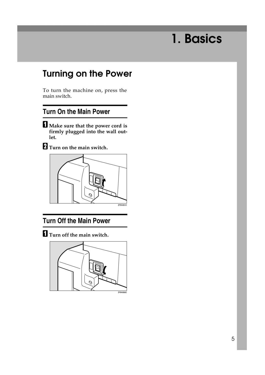 Ricoh FW770 manual Turning on the Power, Turn On the Main Power, Turn Off the Main Power 