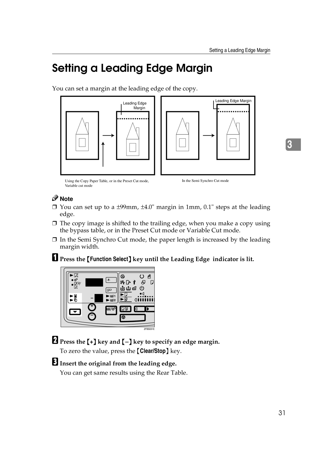 Ricoh FW770 manual Setting a Leading Edge Margin, You can set a margin at the leading edge of the copy 