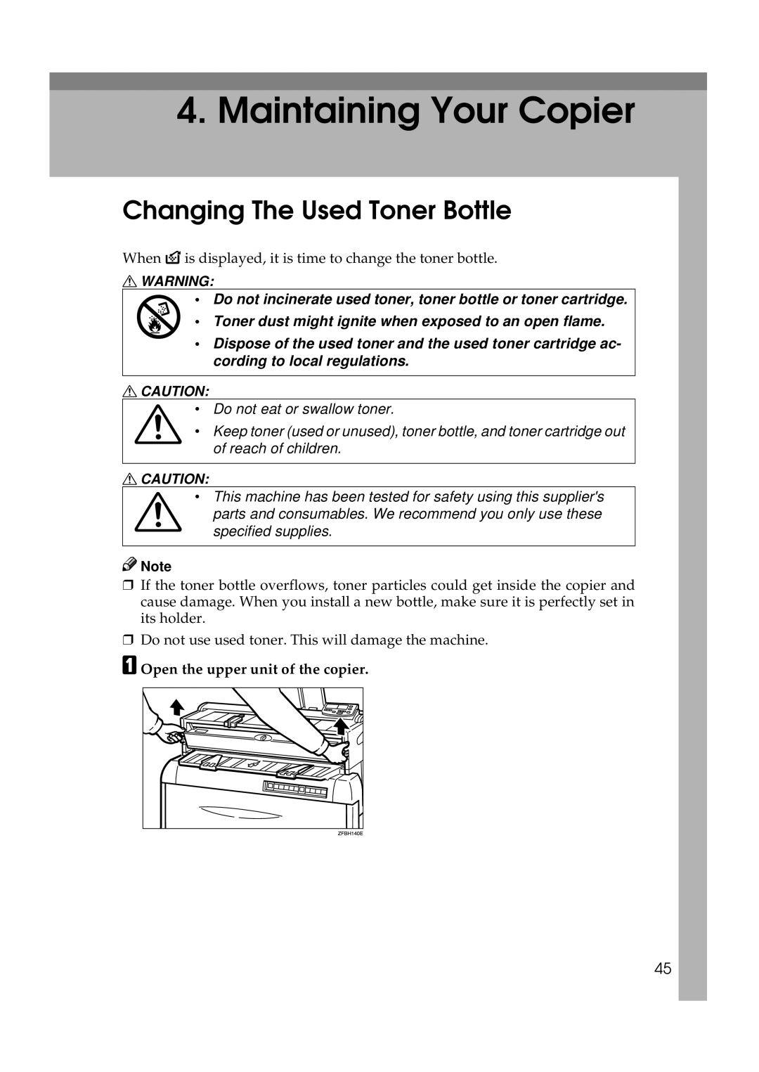 Ricoh FW770 manual Maintaining Your Copier, Changing The Used Toner Bottle 