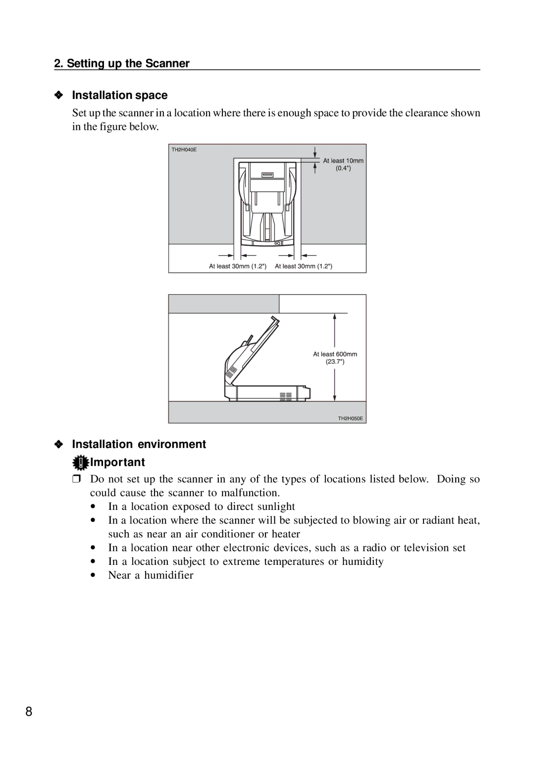 Ricoh G410, G411 manual Setting up the Scanner Installation space, Installation environment Important 