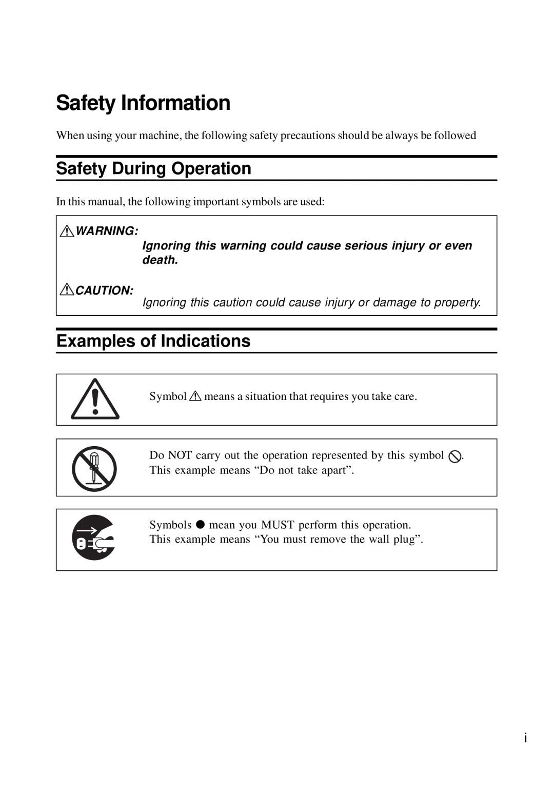 Ricoh G411, G410 manual Safety Information, Safety During Operation, Examples of Indications 