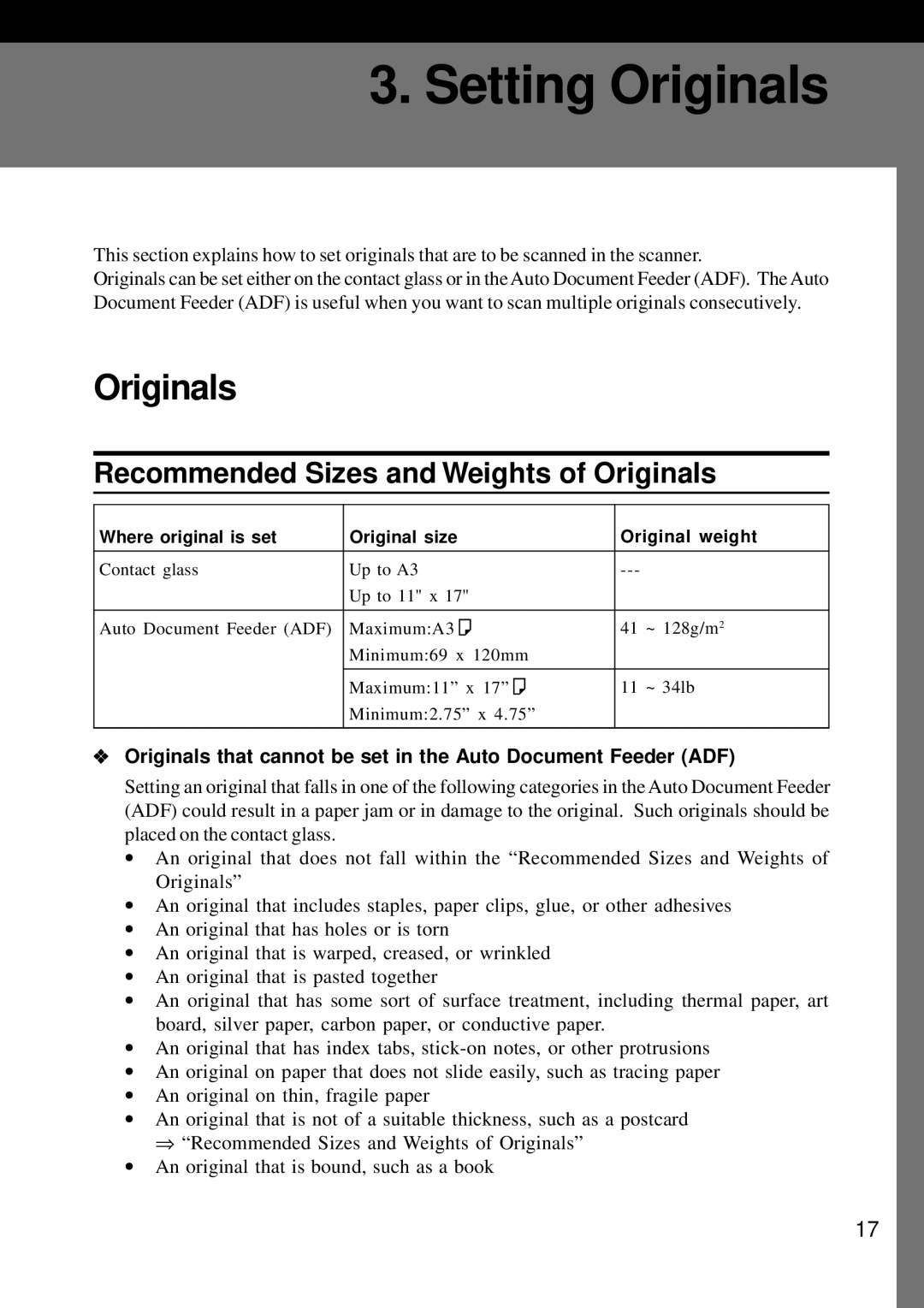 Ricoh G411, G410 manual Recommended Sizes and Weights of Originals 