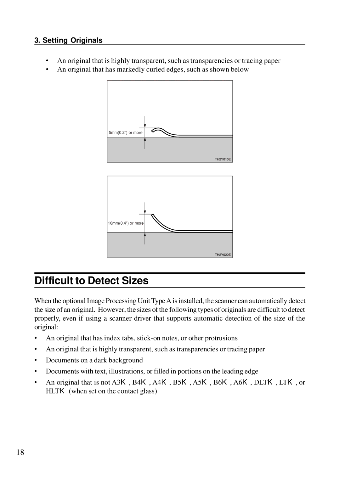 Ricoh G410, G411 manual Difficult to Detect Sizes, Setting Originals 