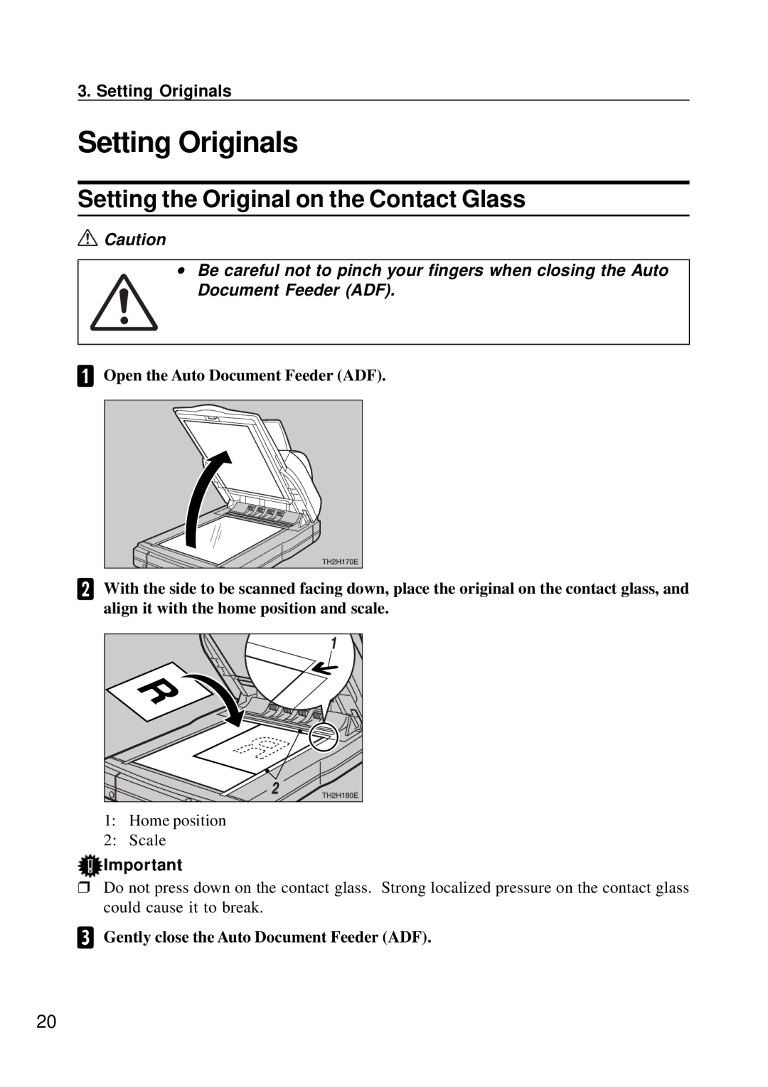 Ricoh G410, G411 manual Setting Originals, Setting the Original on the Contact Glass 