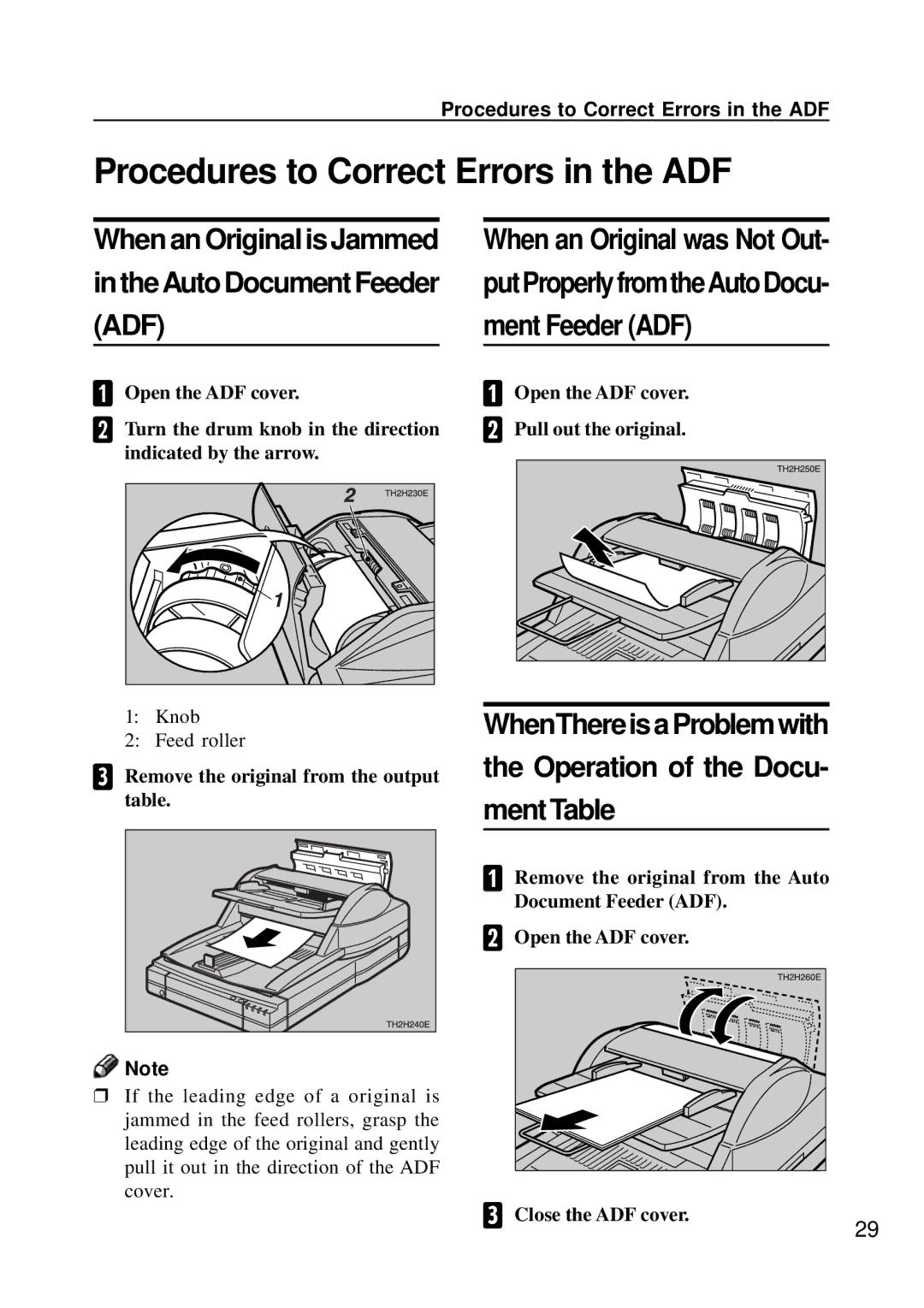 Ricoh G411, G410 manual Procedures to Correct Errors in the ADF, When an Original is Jammed in the Auto Document Feeder ADF 