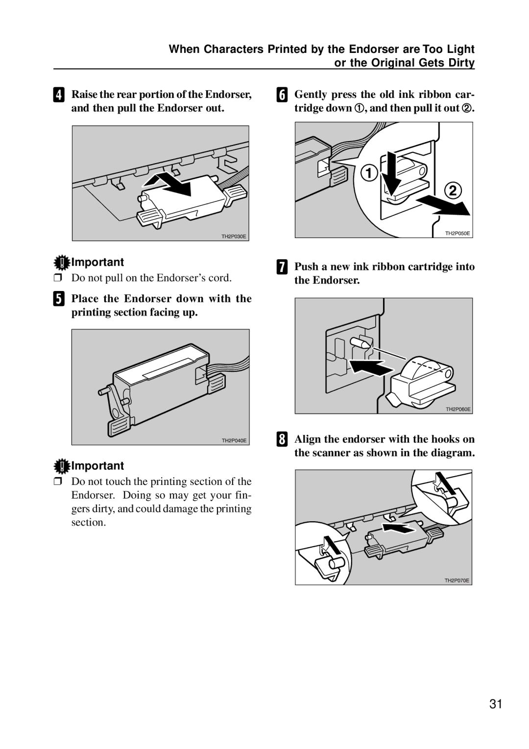 Ricoh G411, G410 manual Do not pull on the Endorser’s cord 