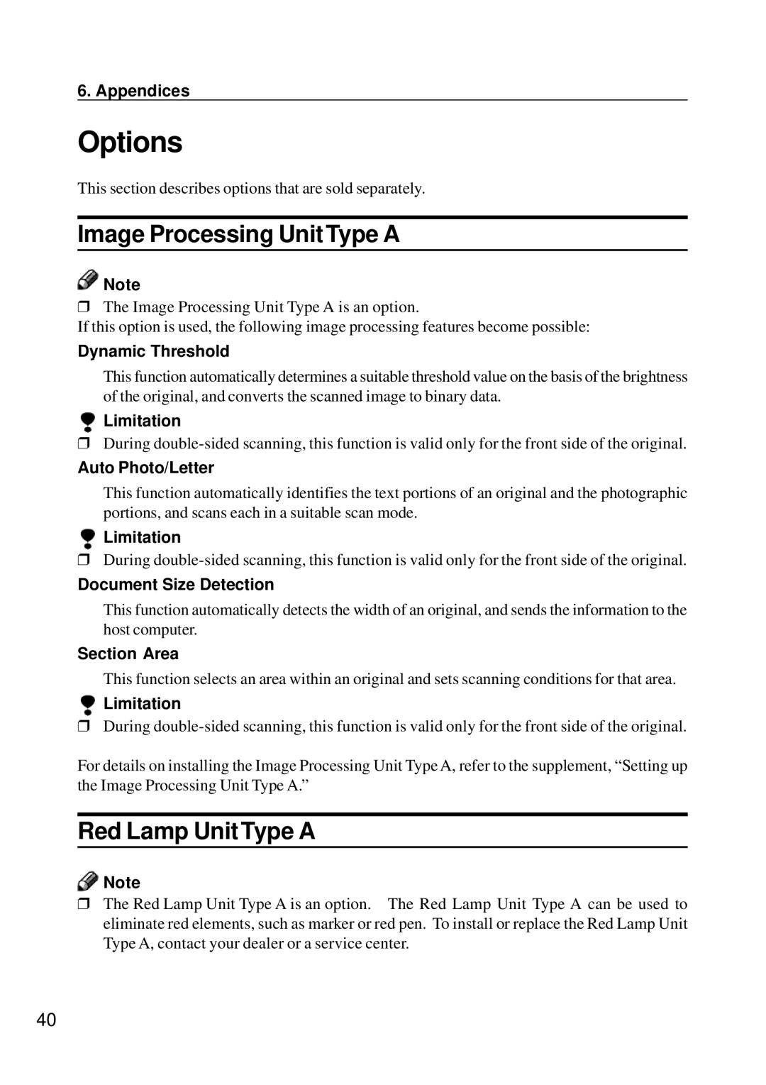 Ricoh G410, G411 manual Options, Image Processing Unit Type a, Red Lamp Unit Type a 