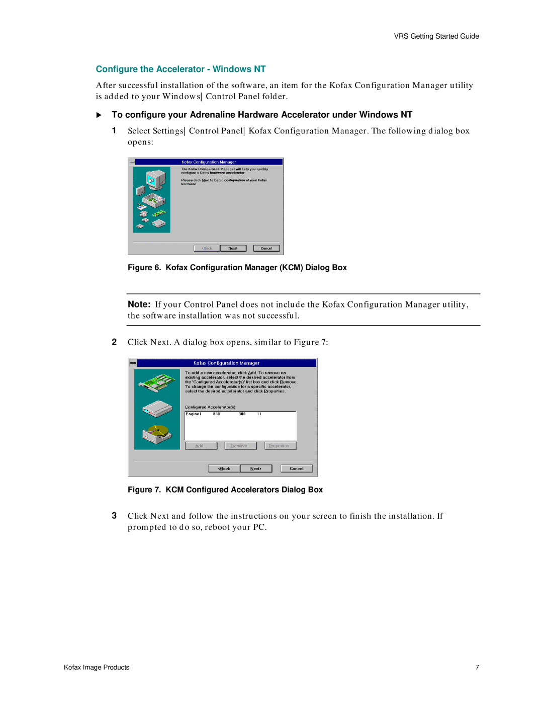 Ricoh G413 operating instructions Configure the Accelerator Windows NT, Kofax Configuration Manager KCM Dialog Box 