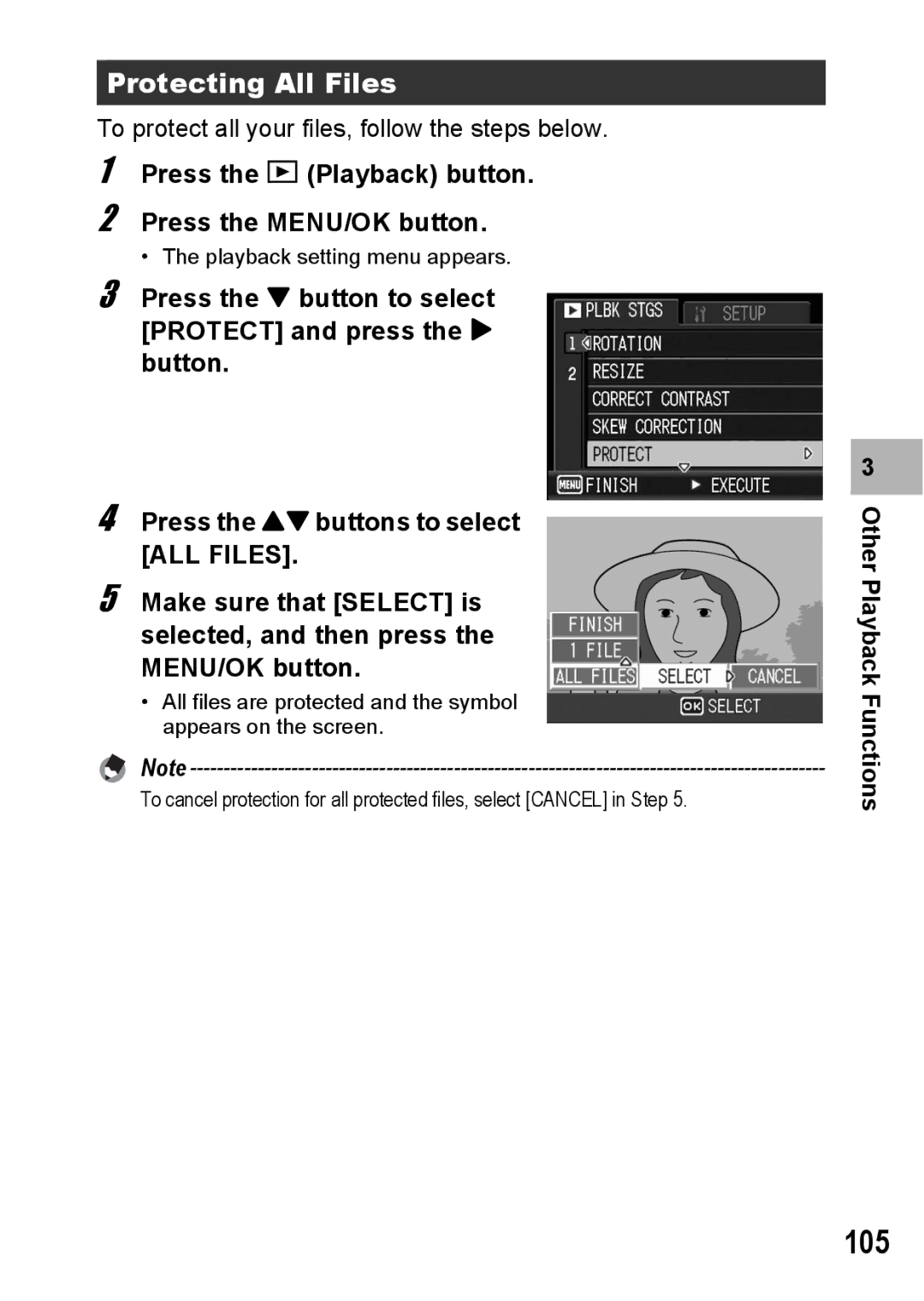 Ricoh G600 manual 105, Protecting All Files, Press the 6 Playback button Press the MENU/OK button 