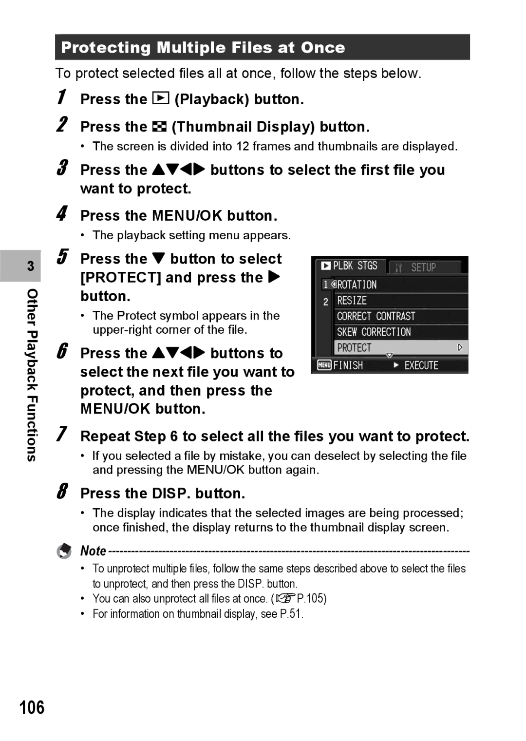 Ricoh G600 manual 106, Protecting Multiple Files at Once, Press the button to select Protect and press the $ button 